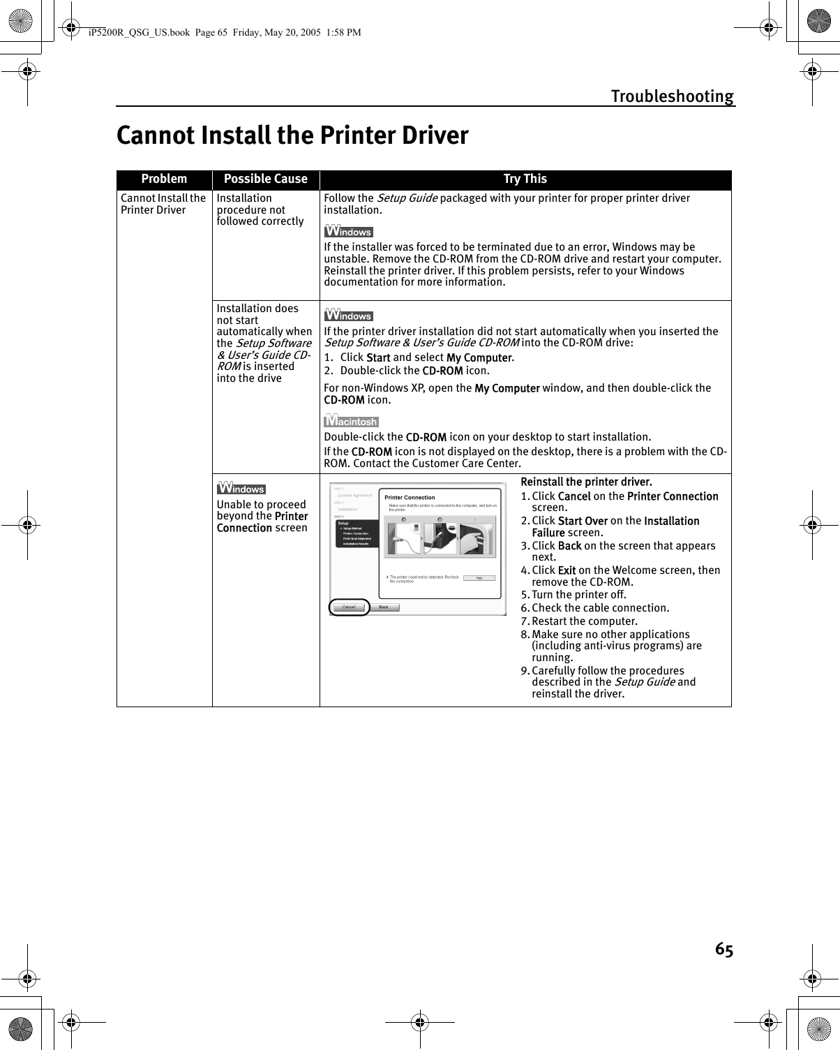 Troubleshooting65Cannot Install the Printer DriverProblem Possible Cause Try ThisCannot Install the Printer DriverInstallation procedure not followed correctlyFollow the Setup Guide packaged with your printer for proper printer driver installation.If the installer was forced to be terminated due to an error, Windows may be unstable. Remove the CD-ROM from the CD-ROM drive and restart your computer. Reinstall the printer driver. If this problem persists, refer to your Windows documentation for more information.Installation does not start automatically when the Setup Software &amp; User’s Guide CD-ROM is inserted into the driveIf the printer driver installation did not start automatically when you inserted the Setup Software &amp; User’s Guide CD-ROM into the CD-ROM drive:1. Click Start and select My Computer. 2. Double-click the CD-ROM icon.For non-Windows XP, open the My Computer window, and then double-click the CD-ROM icon.Double-click the CD-ROM icon on your desktop to start installation.If the CD-ROM icon is not displayed on the desktop, there is a problem with the CD-ROM. Contact the Customer Care Center.Unable to proceed beyond the Printer Connection screenReinstall the printer driver.1.Click Cancel on the Printer Connection screen.2.Click Start Over on the Installation Failure screen.3.Click Back on the screen that appears next.4.Click Exit on the Welcome screen, then remove the CD-ROM.5. Turn the printer off.6.Check the cable connection.7.Restart the computer.8. Make sure no other applications (including anti-virus programs) are running.9. Carefully follow the procedures described in the Setup Guide and reinstall the driver.iP5200R_QSG_US.book  Page 65  Friday, May 20, 2005  1:58 PM