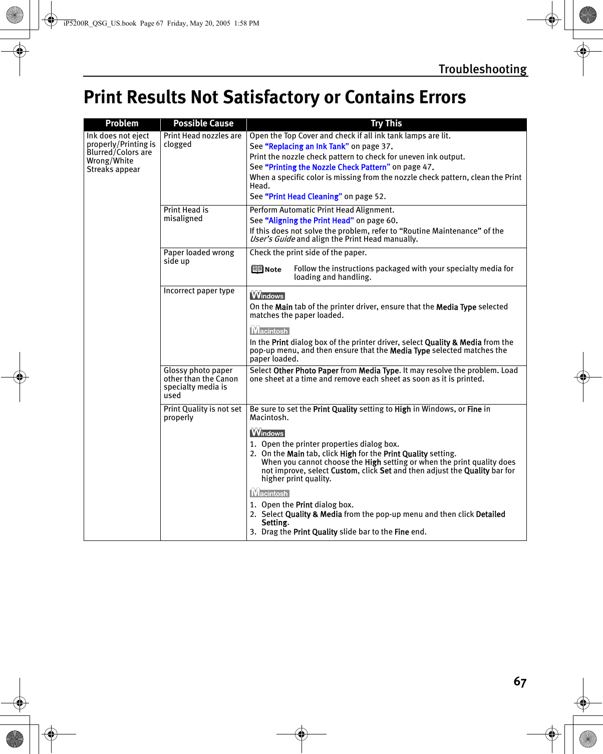 Troubleshooting67Print Results Not Satisfactory or Contains ErrorsProblem Possible Cause Try ThisInk does not eject properly/Printing is Blurred/Colors are Wrong/White Streaks appearPrint Head nozzles are cloggedOpen the Top Cover and check if all ink tank lamps are lit.See “Replacing an Ink Tank” on page 37.Print the nozzle check pattern to check for uneven ink output.See “Printing the Nozzle Check Pattern” on page 47.When a specific color is missing from the nozzle check pattern, clean the Print Head.See “Print Head Cleaning” on page 52.Print Head is misalignedPerform Automatic Print Head Alignment.See “Aligning the Print Head” on page 60.If this does not solve the problem, refer to “Routine Maintenance” of the User’s Guide and align the Print Head manually.Paper loaded wrong side upCheck the print side of the paper.Follow the instructions packaged with your specialty media for loading and handling.Incorrect paper typeOn the Main tab of the printer driver, ensure that the Media Type selected matches the paper loaded.In the Print dialog box of the printer driver, select Quality &amp; Media from the pop-up menu, and then ensure that the Media Type selected matches the paper loaded.Glossy photo paper other than the Canon specialty media is usedSelect Other Photo Paper from Media Type. It may resolve the problem. Load one sheet at a time and remove each sheet as soon as it is printed.Print Quality is not set properlyBe sure to set the Print Quality setting to High in Windows, or Fine in Macintosh.1. Open the printer properties dialog box.2. On the Main tab, click High for the Print Quality setting.When you cannot choose the High setting or when the print quality does not improve, select Custom, click Set and then adjust the Quality bar for higher print quality.1. Open the Print dialog box.2. Select Quality &amp; Media from the pop-up menu and then click Detailed Setting.3. Drag the Print Quality slide bar to the Fine end.iP5200R_QSG_US.book  Page 67  Friday, May 20, 2005  1:58 PM