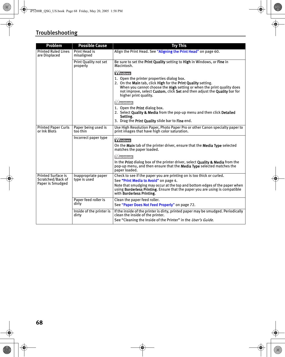 Troubleshooting68Printed Ruled Lines are DisplacedPrint Head is misalignedAlign the Print Head. See “Aligning the Print Head” on page 60.Print Quality not set properlyBe sure to set the Print Quality setting to High in Windows, or Fine in Macintosh.1. Open the printer properties dialog box.2. On the Main tab, click High for the Print Quality setting. When you cannot choose the High setting or when the print quality does not improve, select Custom, click Set and then adjust the Quality bar for higher print quality.1. Open the Print dialog box.2. Select Quality &amp; Media from the pop-up menu and then click Detailed Setting.3. Drag the Print Quality slide bar to Fine end.Printed Paper Curls or Ink BlotsPaper being used is too thinUse High Resolution Paper, Photo Paper Pro or other Canon specialty paper to print images that have high color saturation.Incorrect paper typeOn the Main tab of the printer driver, ensure that the Media Type selected matches the paper loaded.In the Print dialog box of the printer driver, select Quality &amp; Media from the pop-up menu, and then ensure that the Media Type selected matches the paper loaded.Printed Surface is Scratched/Back of Paper is SmudgedInappropriate paper type is usedCheck to see if the paper you are printing on is too thick or curled.See “Print Media to Avoid” on page 4.Note that smudging may occur at the top and bottom edges of the paper when using Borderless Printing. Ensure that the paper you are using is compatible with Borderless Printing.Paper feed roller is dirtyClean the paper feed roller.See “Paper Does Not Feed Properly” on page 72.Inside of the printer is dirtyIf the inside of the printer is dirty, printed paper may be smudged. Periodically clean the inside of the printer.See “Cleaning the Inside of the Printer” in the User’s Guide.Problem Possible Cause Try ThisiP5200R_QSG_US.book  Page 68  Friday, May 20, 2005  1:58 PM