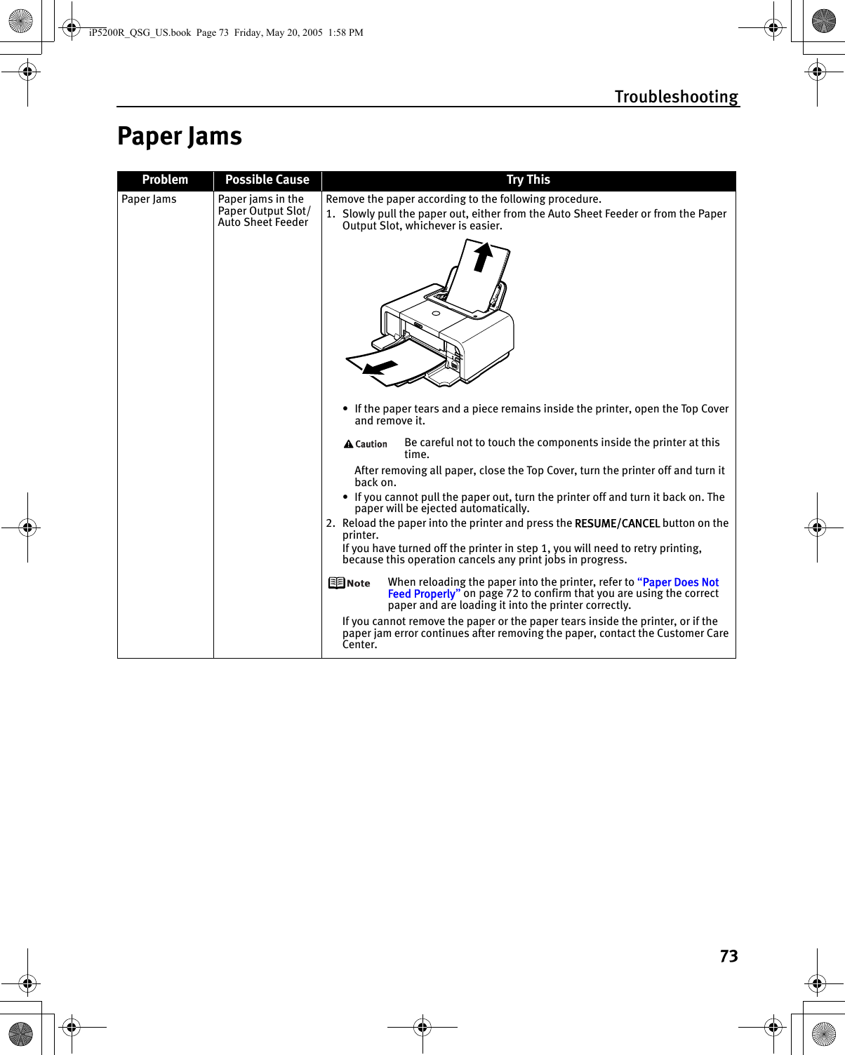 Troubleshooting73Paper JamsProblem Possible Cause Try ThisPaper Jams Paper jams in the Paper Output Slot/Auto Sheet FeederRemove the paper according to the following procedure.1. Slowly pull the paper out, either from the Auto Sheet Feeder or from the Paper Output Slot, whichever is easier. • If the paper tears and a piece remains inside the printer, open the Top Cover and remove it.Be careful not to touch the components inside the printer at this time. After removing all paper, close the Top Cover, turn the printer off and turn it back on.• If you cannot pull the paper out, turn the printer off and turn it back on. The paper will be ejected automatically.2. Reload the paper into the printer and press the RESUME/CANCEL button on the printer.If you have turned off the printer in step 1, you will need to retry printing, because this operation cancels any print jobs in progress.When reloading the paper into the printer, refer to “Paper Does Not Feed Properly” on page 72 to confirm that you are using the correct paper and are loading it into the printer correctly.If you cannot remove the paper or the paper tears inside the printer, or if the paper jam error continues after removing the paper, contact the Customer Care Center.iP5200R_QSG_US.book  Page 73  Friday, May 20, 2005  1:58 PM