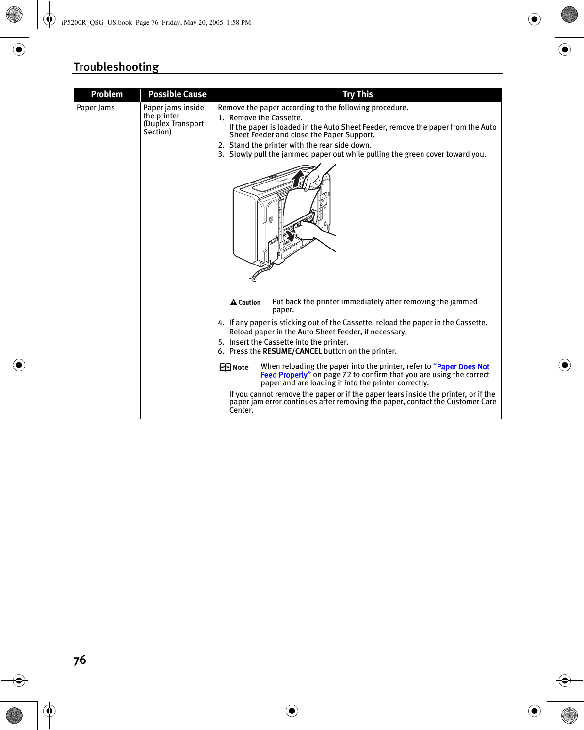 Troubleshooting76Paper Jams Paper jams inside the printer (Duplex Transport Section)Remove the paper according to the following procedure.1. Remove the Cassette.If the paper is loaded in the Auto Sheet Feeder, remove the paper from the Auto Sheet Feeder and close the Paper Support.2. Stand the printer with the rear side down.3. Slowly pull the jammed paper out while pulling the green cover toward you.Put back the printer immediately after removing the jammed paper.4. If any paper is sticking out of the Cassette, reload the paper in the Cassette.Reload paper in the Auto Sheet Feeder, if necessary.5. Insert the Cassette into the printer.6. Press the RESUME/CANCEL button on the printer.When reloading the paper into the printer, refer to “Paper Does Not Feed Properly” on page 72 to confirm that you are using the correct paper and are loading it into the printer correctly.If you cannot remove the paper or if the paper tears inside the printer, or if the paper jam error continues after removing the paper, contact the Customer Care Center.Problem Possible Cause Try ThisiP5200R_QSG_US.book  Page 76  Friday, May 20, 2005  1:58 PM