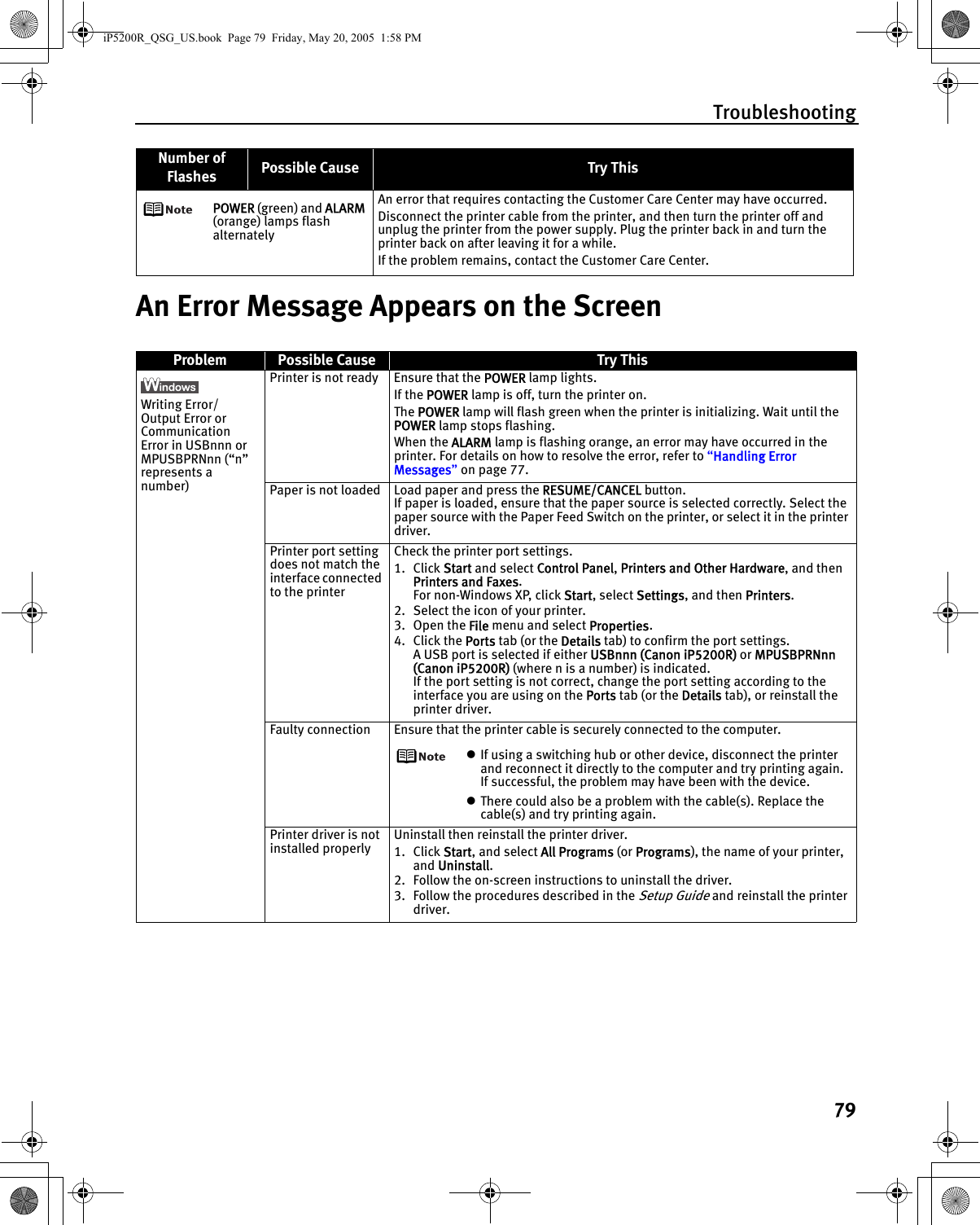 Troubleshooting79An Error Message Appears on the ScreenPOWER (green) and ALARM (orange) lamps flash alternatelyAn error that requires contacting the Customer Care Center may have occurred.Disconnect the printer cable from the printer, and then turn the printer off and unplug the printer from the power supply. Plug the printer back in and turn the printer back on after leaving it for a while.If the problem remains, contact the Customer Care Center.Problem Possible Cause Try ThisWriting Error/Output Error or Communication Error in USBnnn or MPUSBPRNnn (“n” represents a number)Printer is not ready Ensure that the POWER lamp lights.If the POWER lamp is off, turn the printer on.The POWER lamp will flash green when the printer is initializing. Wait until the POWER lamp stops flashing.When the ALARM lamp is flashing orange, an error may have occurred in the printer. For details on how to resolve the error, refer to “Handling Error Messages” on page 77.Paper is not loaded Load paper and press the RESUME/CANCEL button.If paper is loaded, ensure that the paper source is selected correctly. Select the paper source with the Paper Feed Switch on the printer, or select it in the printer driver.Printer port setting does not match the interface connected to the printerCheck the printer port settings.1. Click Start and select Control Panel, Printers and Other Hardware, and then Printers and Faxes.For non-Windows XP, click Start, select Settings, and then Printers.2. Select the icon of your printer.3. Open the File menu and select Properties.4. Click the Ports tab (or the Details tab) to confirm the port settings.A USB port is selected if either USBnnn (Canon iP5200R) or MPUSBPRNnn (Canon iP5200R) (where n is a number) is indicated.If the port setting is not correct, change the port setting according to the interface you are using on the Ports tab (or the Details tab), or reinstall the printer driver.Faulty connection Ensure that the printer cable is securely connected to the computer.zIf using a switching hub or other device, disconnect the printer and reconnect it directly to the computer and try printing again.If successful, the problem may have been with the device.zThere could also be a problem with the cable(s). Replace the cable(s) and try printing again.Printer driver is not installed properlyUninstall then reinstall the printer driver.1. Click Start, and select All Programs (or Programs), the name of your printer, and Uninstall.2. Follow the on-screen instructions to uninstall the driver.3. Follow the procedures described in the Setup Guide and reinstall the printer driver.Number of Flashes Possible Cause Try ThisiP5200R_QSG_US.book  Page 79  Friday, May 20, 2005  1:58 PM
