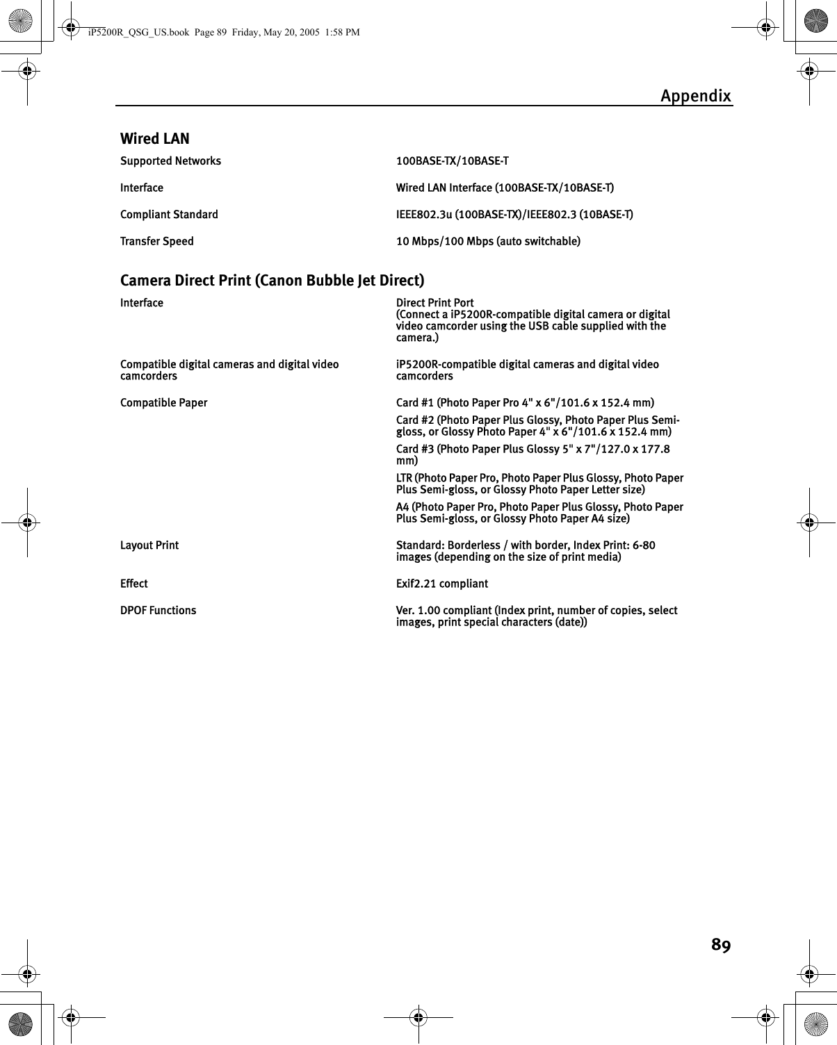 Appendix89Wired LANSupported Networks  100BASE-TX/10BASE-TInterface  Wired LAN Interface (100BASE-TX/10BASE-T)Compliant Standard  IEEE802.3u (100BASE-TX)/IEEE802.3 (10BASE-T)Transfer Speed  10 Mbps/100 Mbps (auto switchable)Camera Direct Print (Canon Bubble Jet Direct)Interface Direct Print Port(Connect a iP5200R-compatible digital camera or digital video camcorder using the USB cable supplied with the camera.)Compatible digital cameras and digital video camcordersiP5200R-compatible digital cameras and digital video camcordersCompatible Paper Card #1 (Photo Paper Pro 4&quot; x 6&quot;/101.6 x 152.4 mm) Card #2 (Photo Paper Plus Glossy, Photo Paper Plus Semi-gloss, or Glossy Photo Paper 4&quot; x 6&quot;/101.6 x 152.4 mm)Card #3 (Photo Paper Plus Glossy 5&quot; x 7&quot;/127.0 x 177.8 mm)LTR (Photo Paper Pro, Photo Paper Plus Glossy, Photo Paper Plus Semi-gloss, or Glossy Photo Paper Letter size) A4 (Photo Paper Pro, Photo Paper Plus Glossy, Photo Paper Plus Semi-gloss, or Glossy Photo Paper A4 size)Layout Print Standard: Borderless / with border, Index Print: 6-80 images (depending on the size of print media)Effect Exif2.21 compliantDPOF Functions Ver. 1.00 compliant (Index print, number of copies, select images, print special characters (date))iP5200R_QSG_US.book  Page 89  Friday, May 20, 2005  1:58 PM