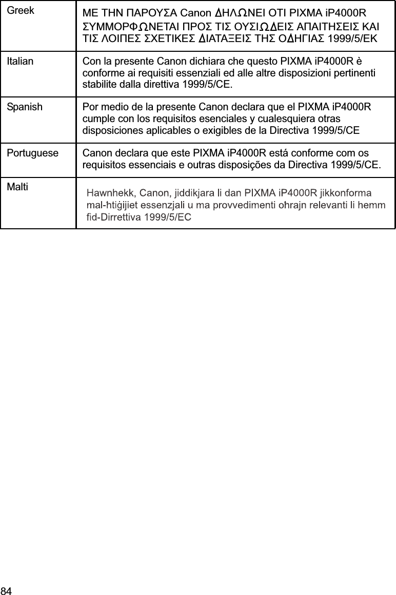 84GreekȂǼ ȉǾȃ ȆǹȇȅȊȈǹ Canon  Ǿȁ ȃǼǿ ȅȉǿ PIXMA iP4000RȈȊȂȂȅȇĭ ȃǼȉǹǿ ȆȇȅȈ ȉǿȈ ȅȊȈǿ ǼǿȈ ǹȆǹǿȉǾȈǼǿȈ ȀǹǿȉǿȈ ȁȅǿȆǼȈ ȈȋǼȉǿȀǼȈ ǿǹȉǹȄǼǿȈ ȉǾȈ ȅ ǾīǿǹȈ 1999/5/ǼȀItalian Con la presente Canon dichiara che questo PIXMA iP4000R è conforme ai requisiti essenziali ed alle altre disposizioni pertinenti stabilite dalla direttiva 1999/5/CE.Spanish Por medio de la presente Canon declara que el PIXMA iP4000R cumple con los requisitos esenciales y cualesquiera otras disposiciones aplicables o exigibles de la Directiva 1999/5/CEPortuguese Canon declara que este PIXMA iP4000R está conforme com os requisitos essenciais e outras disposições da Directiva 1999/5/CE.Malti