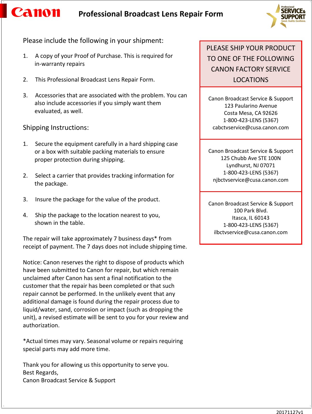 Page 2 of 2 - Canon  Broadcast Lens Repair Request Form