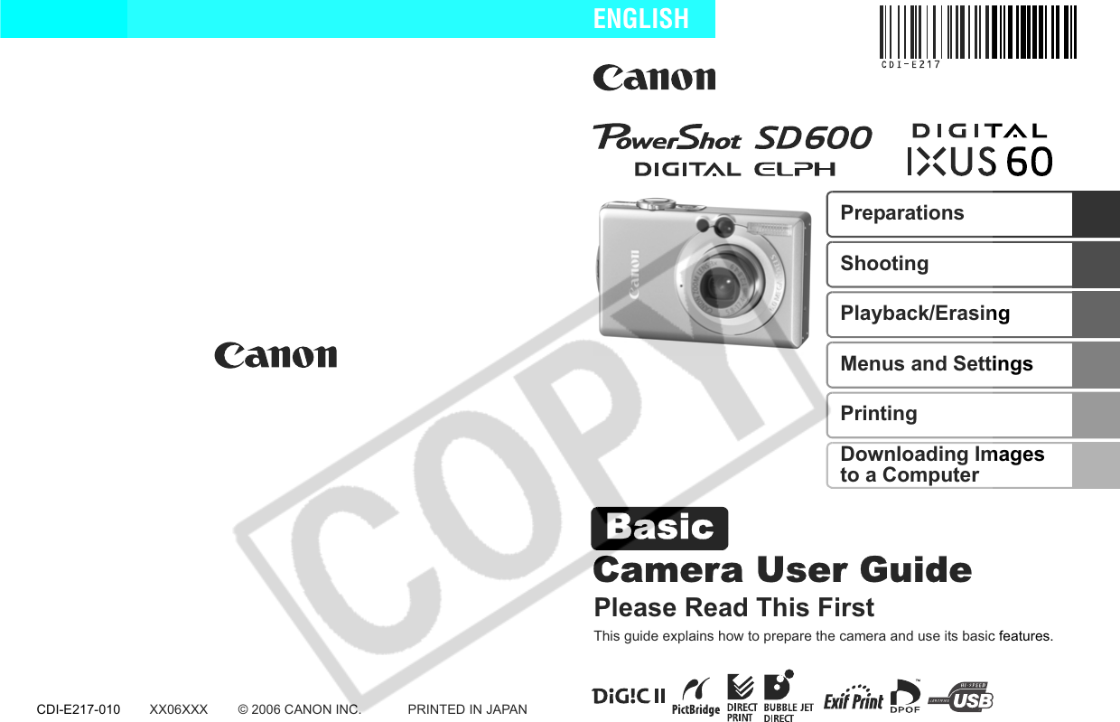 Canon Powershot Sd600 EC197 CUGBook(Basic Advanced) User Manual To The