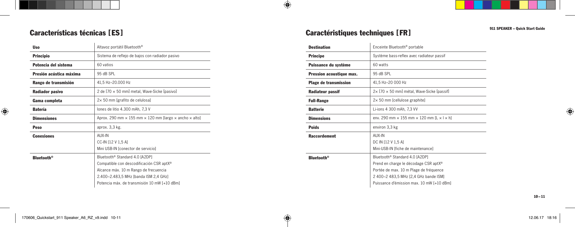 911 SPEAKER &ndash; Quick Start Guide10 &ndash; 11Caracter&iacute;sticas t&eacute;cnicas [  ES  ]Caract&eacute;ristiques techniques [  FR  ]Uso Altavoz port&aacute;til Bluetooth&reg;Principio  Sistema de reflejo de bajos con radiador pasivoPotencia del sistema 60 vatiosPresi&oacute;n ac&uacute;stica m&aacute;xima 95 dB SPLRango de transmisi&oacute;n 41,5Hz&ndash;20.000HzRadiador pasivo 2 de [ 70 &times; 50mm ] metal, Wave-Sicke [ pasivo ]Gama completa 2&times; 50mm [ grafito de celulosa ]Bater&iacute;a Iones de litio 4.300 mAh, 7,3 VDimensiones Aprox. 290 mm &times; 155 mm &times; 120 mm [ largo &times; ancho &times; alto ]Peso aprox. 3,3kg.Conexiones AUX-IN  CC-IN [ 12V 1,5A ]  Mini USB-IN [ conector de servicio ]Bluetooth&reg;Bluetooth&reg; Standard 4.0 [ A2DP ]  Compatible con descodificaci&oacute;n CSR aptX&reg;  Alcance m&aacute;x. 10m Rango de frecuencia  2.400&ndash;2.483,5 MHz [ banda ISM 2,4 GHz ]  Potencia m&aacute;x. de transmisi&oacute;n 10 mW [ +10 dBm ] Destination Enceinte Bluetooth&reg; portablePrincipe  Syst&egrave;me bass-reflex avec radiateur passifPuissance du syst&egrave;me 60wattsPression acoustique max. 95 dB SPLPlage de transmission 41,5Hz&ndash;20000HzRadiateur passif 2&times; [ 70&times; 50mm ] m&eacute;tal, Wave-Sicke [ passif ]Full-Range 2&times; 50mm [ cellulose graphite ]Batterie Li-ions 4300mAh, 7,3VVDimensions env. 290mm&times;155mm&times;120mm [ L&times;l&times;h ]Poids environ 3,3kgRaccordement AUX-IN  DC IN [ 12V 1,5A ]  Mini-USB-IN [ fiche de maintenance ]Bluetooth&reg;Bluetooth&reg; Standard 4.0 [ A2DP ]  Prend en charge le d&eacute;codage CSRaptX&reg;  Port&eacute;e de max. 10m Plage de fr&eacute;quence  2400&ndash;2483,5MHz [ 2,4GHz bande ISM ]  Puissance d&rsquo;&eacute;mission max. 10mW [ +10dBm ]170606_Quickstart_911 Speaker_A6_RZ_v9.indd   10-11 12.06.17   18:16