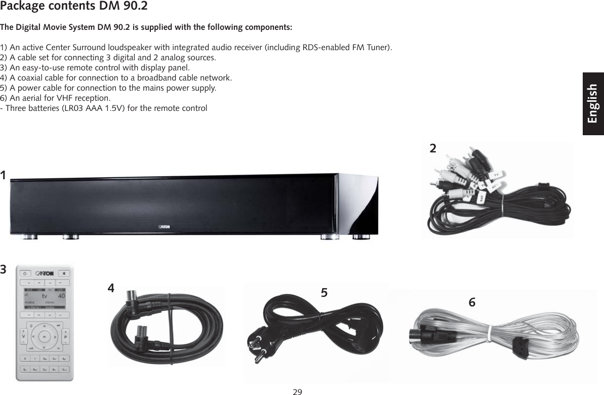 29DeutschEnglishFran&ccedil;aisEspagnolPackage contents DM 90.2The Digital Movie System DM 90.2 is supplied with the following components:1) An active Center Surround loudspeaker with integrated audio receiver (including RDS-enabled FM Tuner).2) A cable set for connecting 3 digital and 2 analog sources.3) An easy-to-use remote control with display panel.4) A coaxial cable for connection to a broadband cable network.5) A power cable for connection to the mains power supply.6) An aerial for VHF reception.- Three batteries (LR03 AAA 1.5V) for the remote control156423