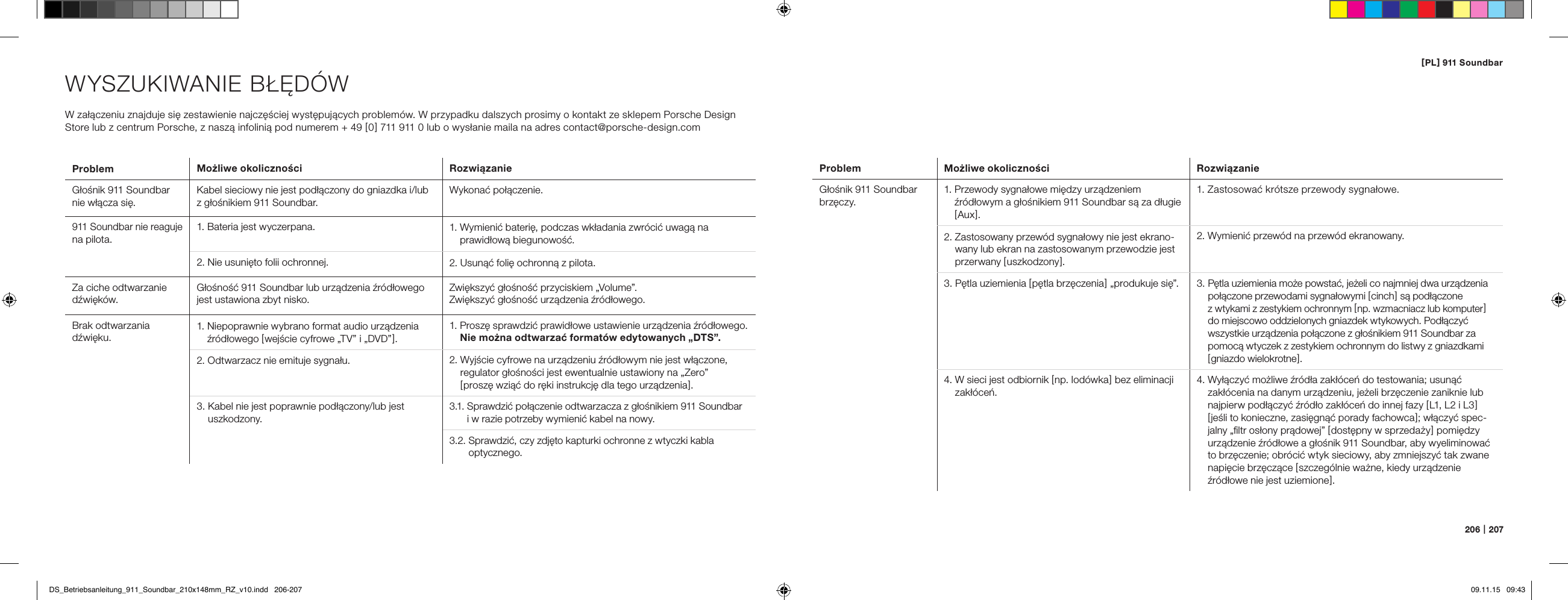 [ PL ] 911 Soundbar206   |   207WYSZUKIWANIE BŁĘD&Oacute;WW załączeniu znajduje się zestawienie najczęściej występujących problem&oacute;w. W przypadku dalszych prosimy o kontakt ze sklepem Porsche Design Store lub z centrum Porsche, z naszą infolinią pod numerem + 49 [ 0 ] 711 911 0 lub o wysłanie maila na adres contact@porsche-design.comProblem Możliwe okoliczności RozwiązanieGłośnik 911 Soundbar nie włącza się.Kabel sieciowy nie jest podłączony do gniazdka i/lub z głośnikiem 911 Soundbar.Wykonać połączenie.911 Soundbar nie reaguje na pilota.1. Bateria jest wyczerpana. 1.  Wymienić baterię, podczas wkładania zwr&oacute;cić uwagą na prawidłową biegunowość.2. Nie usunięto folii ochronnej. 2. Usunąć folię ochronną z pilota.Za ciche odtwarzanie dźwięk&oacute;w. Głośność 911 Soundbar lub urządzenia źr&oacute;dłowego jest ustawiona zbyt nisko.Zwiększyć głośność przyciskiem &bdquo;Volume&rdquo;.Zwiększyć głośność urządzenia źr&oacute;dłowego.Brak odtwarzania dźwięku.1.  Niepoprawnie wybrano format audio urządzenia źr&oacute;dłowego [ wejście cyfrowe &bdquo;TV&rdquo; i &bdquo;DVD&rdquo; ].1.  Proszę sprawdzić prawidłowe ustawienie urządzenia źr&oacute;dłowego. Nie można odtwarzać format&oacute;w edytowanych &bdquo;DTS&rdquo;.2. Odtwarzacz nie emituje sygnału. 2.  Wyjście cyfrowe na urządzeniu źr&oacute;dłowym nie jest włączone, regulator głośności jest ewentualnie ustawiony na &bdquo;Zero&rdquo;  [ proszę wziąć do ręki instrukcję dla tego urządzenia ]. 3.  Kabel nie jest poprawnie podłączony/lub jest uszkodzony.3.1.  Sprawdzić połączenie odtwarzacza z głośnikiem 911 Soundbar  i w razie potrzeby wymienić kabel na nowy.3.2.  Sprawdzić, czy zdjęto kapturki ochronne z wtyczki kabla  optycznego.Problem Możliwe okoliczności RozwiązanieGłośnik 911 Soundbarbrzęczy.1.  Przewody sygnałowe między urządzeniem źr&oacute;dłowym a głośnikiem 911 Soundbar są za długie [ Aux ].1. Zastosować kr&oacute;tsze przewody sygnałowe.2.  Zastosowany przew&oacute;d sygnałowy nie jest ekrano-wany lub ekran na zastosowanym przewodzie jest przerwany [ uszkodzony ].2. Wymienić przew&oacute;d na przew&oacute;d ekranowany.3.  Pętla uziemienia [ pętla brzęczenia ] &bdquo;produkuje się&rdquo;. 3.  Pętla uziemienia może powstać, jeżeli co najmniej dwa urządzenia połączone przewodami sygnałowymi [ cinch ] są podłączone  z wtykami z zestykiem ochronnym [ np. wzmacniacz lub komputer ] do miejscowo oddzielonych gniazdek wtykowych. Podłączyć wszystkie urządzenia połączone z głośnikiem 911 Soundbar za pomocą wtyczek z zestykiem ochronnym do listwy z gniazdkami [ gniazdo wielokrotne ].4.  W sieci jest odbiornik [ np. lod&oacute;wka ] bez eliminacji zakł&oacute;ceń.4.  Wyłączyć możliwe źr&oacute;dła zakł&oacute;ceń do testowania; usunąć zakł&oacute;cenia na danym urządzeniu, jeżeli brzęczenie zaniknie lub najpierw podłączyć źr&oacute;dło zakł&oacute;ceń do innej fazy [ L1, L2 i L3 ] [ jeśli to konieczne, zasięgnąć porady fachowca ]; włączyć spec-jalny &bdquo;ﬁltr osłony prądowej&rdquo; [ dostępny w sprzedaży ] pomiędzy urządzenie źr&oacute;dłowe a głośnik 911 Soundbar, aby wyeliminować to brzęczenie; obr&oacute;cić wtyk sieciowy, aby zmniejszyć tak zwane napięcie brzęczące [ szczeg&oacute;lnie ważne, kiedy urządzenie źr&oacute;dłowe nie jest uziemione ].DS_Betriebsanleitung_911_Soundbar_210x148mm_RZ_v10.indd   206-207 09.11.15   09:43