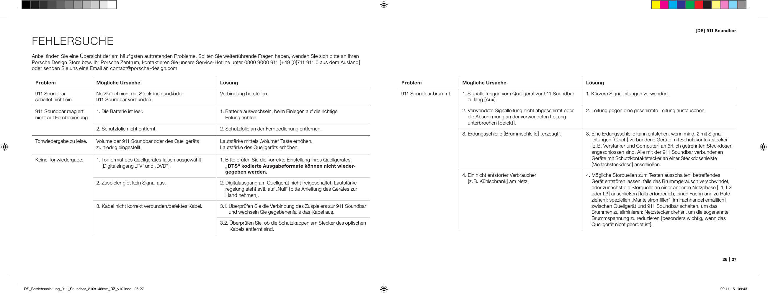 [ DE ] 911 Soundbar26   |   27FEHLERSUCHEAnbei ﬁnden Sie eine &Uuml;bersicht der am h&auml;uﬁgsten auftretenden Probleme. Sollten Sie weiterf&uuml;hrende Fragen haben, wenden Sie sich bitte an Ihren  Porsche Design Store bzw. Ihr Porsche Zentrum, kontaktieren Sie unsere Service-Hotline unter 0800 9000 911 [ +49 [ 0 ]711 911 0 aus dem Ausland ] oder senden Sie uns eine Email an contact@porsche-design.comProblem M&ouml;gliche Ursache L&ouml;sung911 Soundbarschaltet nicht ein.Netzkabel nicht mit Steckdose und /oder  911 Soundbar  verbunden.Verbindung herstellen.911 Soundbar reagiert nicht auf Fernbedienung.1. Die Batterie ist leer. 1.  Batterie auswechseln, beim Einlegen auf die richtige  Polung achten.2. Schutzfolie nicht entfernt. 2. Schutzfolie an der Fernbedienung entfernen.Tonwieder gabe zu leise.  Volume der 911 Soundbar oder des Quellger&auml;ts  zu niedrig eingestellt.Lautst&auml;rke mittels &bdquo;Volume&ldquo; Taste erh&ouml;hen.  Lautst&auml;rke des Quellger&auml;ts erh&ouml;hen.Keine  Ton wiedergabe. 1.  Tonformat des Quellger&auml;tes falsch ausgew&auml;hlt [ Digitaleingang &bdquo;TV&ldquo; und &bdquo;DVD&ldquo; ].1.  Bitte pr&uuml;fen Sie die korrekte Einstellung Ihres Quellger&auml;tes. &bdquo;DTS&ldquo; kodierte Ausgabeformate k&ouml;nnen nicht wieder-gegeben werden.2. Zuspieler gibt kein Signal aus. 2.  Digitalausgang am Quellger&auml;t nicht freigeschaltet, Lautst&auml;rke-regelung steht evtl. auf &bdquo;Null&ldquo; [ bitte Anleitung des Ger&auml;tes zur Hand nehmen ]. 3.  Kabel nicht korrekt verbunden / defektes Kabel. 3.1.  &Uuml;berpr&uuml;fen Sie die Verbindung des Zuspielers zur 911 Soundbar und wechseln Sie gegebenenfalls das Kabel aus.3.2.  &Uuml;berpr&uuml;fen Sie, ob die Schutzkappen am Stecker des optischen Kabels entfernt sind.Problem M&ouml;gliche Ursache L&ouml;sung911 Soundbar brummt. 1.  Signalleitungen vom Quellger&auml;t zur  911 Soundbar zu lang [ Aux ].1. K&uuml;rzere Signalleitungen verwenden.2.  Verwendete Signalleitung nicht abgeschirmt oder die Abschirmung an der verwendeten Leitung unterbrochen [ defekt ].2. Leitung gegen eine geschirmte Leitung austauschen.3.   Erdungsschleife  [ Brummschleife ] &bdquo;erzeugt&ldquo;.  3.  Eine Erdungsschleife kann entstehen, wenn mind. 2 mit Signal-leitungen [ Cinch ] verbundene Ger&auml;te mit Schutz kontaktstecker [ z. B. Verst&auml;rker und Computer ] an &ouml;rtlich getrennten Steckdosen angeschlossen sind. Alle mit der 911 Soundbar verbundenen Ger&auml;te mit Schutzkontaktstecker an einer Steckdosenleiste  [ Vielfachsteckdose ] anschlie&szlig;en.4.  Ein nicht entst&ouml;rter Verbraucher  [ z. B.  K&uuml;hlschrank ] am Netz. 4.  M&ouml;gliche St&ouml;rquellen zum Testen ausschalten; betreffendes Ger&auml;t entst&ouml;ren lassen, falls das Brummger&auml;usch verschwindet, oder zun&auml;chst die St&ouml;rquelle an einer anderen Netzphase [ L1, L2 oder L3 ] anschlie&szlig;en [ falls erforderlich, einen Fachmann zu Rate ziehen ]; speziellen &bdquo;Mantelstromﬁlter&ldquo; [ im Fachhandel erh&auml;ltlich ]  zwischen Quellger&auml;t und 911 Soundbar schalten, um das Brummen zu eliminieren; Netzstecker drehen, um die sogenannte Brummspannung zu reduzieren [ besonders wichtig, wenn das Quellger&auml;t nicht geerdet ist ].DS_Betriebsanleitung_911_Soundbar_210x148mm_RZ_v10.indd   26-27 09.11.15   09:43