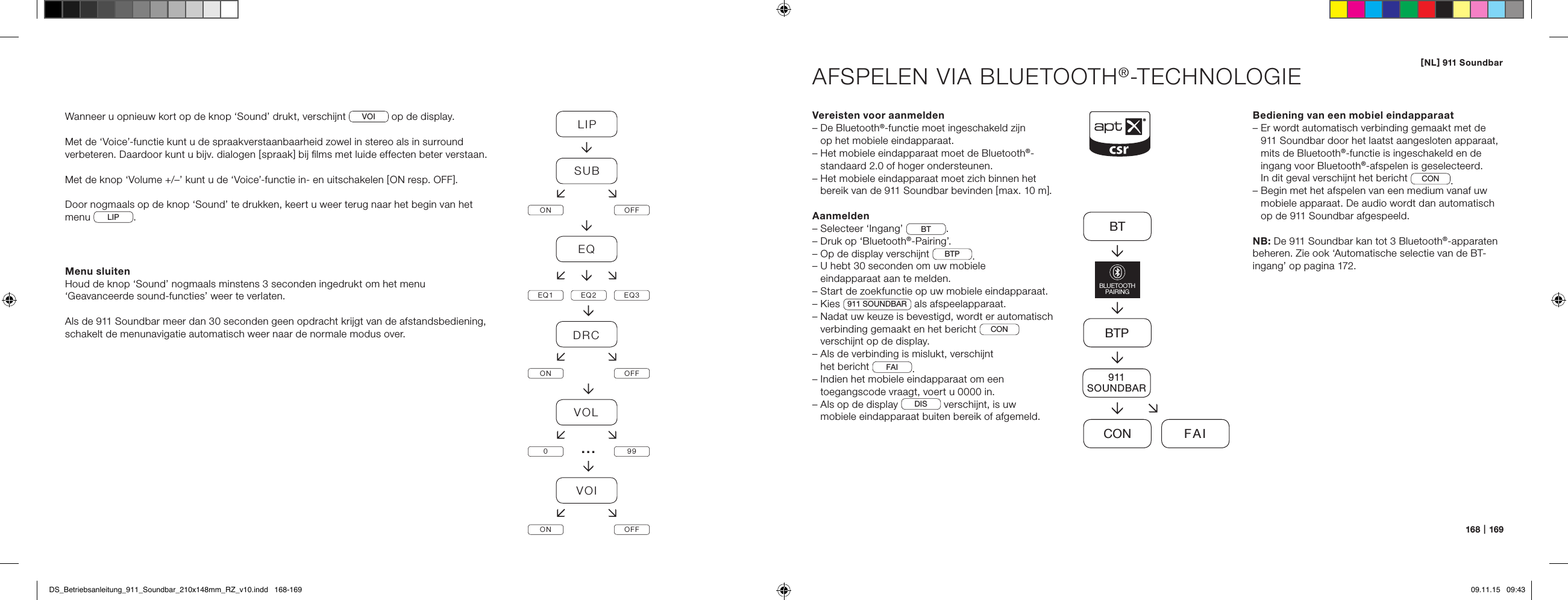 [ NL ] 911 Soundbar168   |   169AFSPELEN VIA BLUETOOTH&reg;-TECHNOLOGIEVereisten voor aanmelden&ndash;  De Bluetooth&reg;-functie moet ingeschakeld zijn  op het mobiele eindapparaat.&ndash;  Het mobiele eindapparaat moet de Bluetooth&reg;-standaard 2.0 of hoger ondersteunen.&ndash;  Het mobiele eindapparaat moet zich binnen het bereik van de 911 Soundbar bevinden [ max. 10 m ].Aanmelden&ndash; Selecteer &lsquo;Ingang&rsquo;  BT .&ndash; Druk op &lsquo;Bluetooth&reg;-Pairing&rsquo;.&ndash; Op de display verschijnt  BTP .&ndash;  U hebt 30 seconden om uw mobiele  eindapparaat aan te melden.&ndash;  Start de zoekfunctie op uw mobiele eindapparaat.&ndash; Kies  911 SOUNDBAR  als afspeelapparaat.&ndash;  Nadat uw keuze is bevestigd, wordt er automatisch verbinding gemaakt en het bericht  CON  verschijnt op de display.&ndash;  Als de verbinding is mislukt, verschijnt  het bericht  FAI .&ndash;  Indien het mobiele eindapparaat om een toegangscode vraagt, voert u 0000 in.&ndash;  Als op de display  DIS  verschijnt, is uw  mobiele eindapparaat buiten bereik of afgemeld.Bediening van een mobiel eindapparaat&ndash;  Er wordt automatisch verbinding gemaakt met de 911 Soundbar door het laatst aangesloten apparaat, mits de Bluetooth&reg;-functie is ingeschakeld en de ingang voor Bluetooth&reg;-afspelen is geselecteerd.  In dit geval verschijnt het bericht  CON .&ndash;  Begin met het afspelen van een medium vanaf uw mobiele apparaat. De audio wordt dan automatisch op de 911 Soundbar afgespeeld.NB: De 911 Soundbar kan tot 3 Bluetooth&reg;-apparaten beheren. Zie ook &lsquo;Automatische selectie van de BT-ingang&rsquo; op pagina 172.BTBTPCON FAIBLUETOOTHPAIRING911SOUNDBARWanneer u opnieuw kort op de knop &lsquo;Sound&rsquo; drukt, verschijnt  VOI  op de display.Met de &lsquo;Voice&rsquo;-functie kunt u de spraakverstaanbaarheid zowel in stereo als in surround verbeteren. Daardoor kunt u bijv. dialogen [ spraak ] bij ﬁlms met luide effecten beter verstaan.Met de knop &lsquo;Volume +/&ndash;&rsquo; kunt u de &lsquo;Voice&rsquo;-functie in- en uitschakelen [ ON resp. OFF ].Door nogmaals op de knop &lsquo;Sound&rsquo; te drukken, keert u weer terug naar het begin van het menu  LIP . Menu sluitenHoud de knop &lsquo;Sound&rsquo; nogmaals minstens 3 seconden ingedrukt om het menu &lsquo;Geavanceerde sound-functies&rsquo; weer te verlaten.Als de 911 Soundbar meer dan 30 seconden geen opdracht krijgt van de afstandsbediening, schakelt de menunavigatie automatisch weer naar de normale modus over.LIPSUBON OFFEQEQ1 EQ2 EQ3DRCON OFFVOL099VOION OFF&hellip;DS_Betriebsanleitung_911_Soundbar_210x148mm_RZ_v10.indd   168-169 09.11.15   09:43