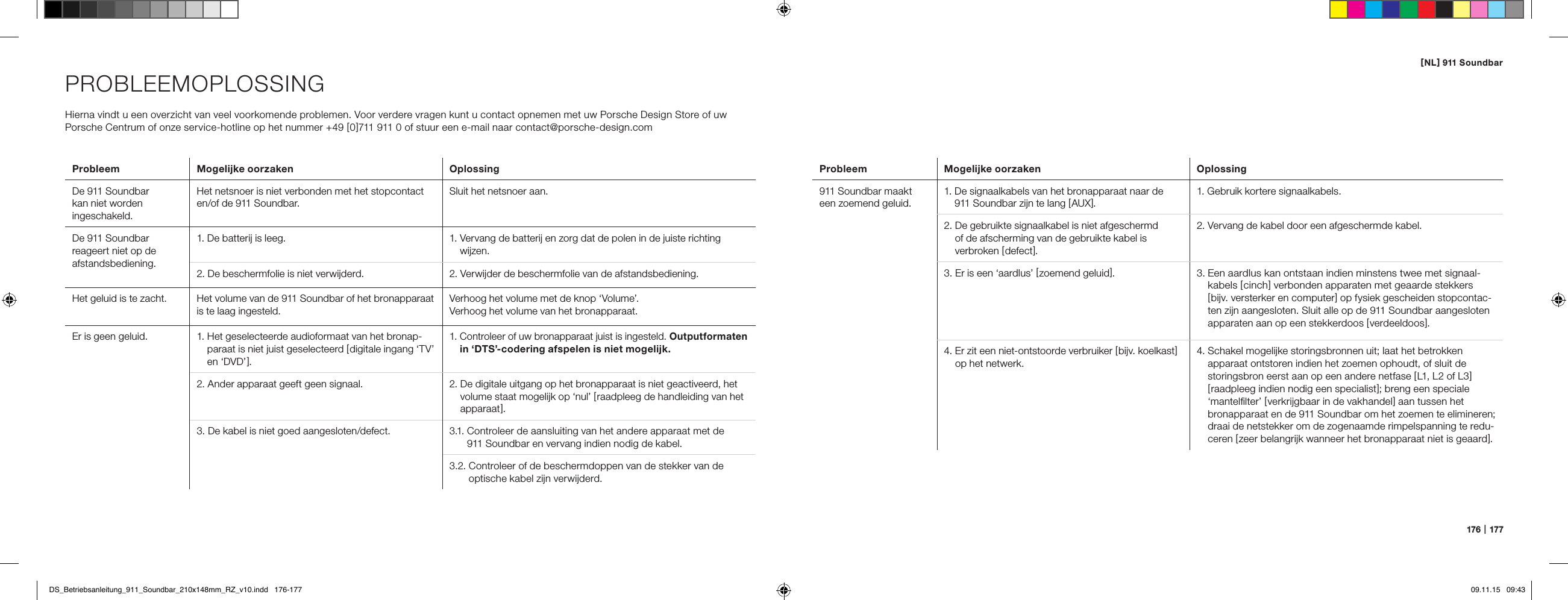 [ NL ] 911 Soundbar176   |   177PROBLEEMOPLOSSINGHierna vindt u een overzicht van veel voorkomende problemen. Voor verdere vragen kunt u contact opnemen met uw Porsche Design Store of uw  Porsche Centrum of onze service-hotline op het nummer +49 [ 0 ]711 911 0 of stuur een e-mail naar contact@porsche-design.comProbleem Mogelijke oorzaken OplossingDe 911 Soundbar  kan niet worden  ingeschakeld.Het netsnoer is niet verbonden met het stopcontact en/of de 911 Soundbar.Sluit het netsnoer aan.De 911 Soundbar reageert niet op de afstandsbediening.1. De batterij is leeg. 1.  Vervang de batterij en zorg dat de polen in de juiste richting wijzen.2. De beschermfolie is niet verwijderd. 2. Verwijder de beschermfolie van de afstandsbediening.Het geluid is te zacht.  Het volume van de 911 Soundbar of het bronapparaat is te laag ingesteld.Verhoog het volume met de knop &lsquo;Volume&rsquo;.Verhoog het volume van het bronapparaat.Er is geen geluid. 1.  Het geselecteerde audioformaat van het bronap-paraat is niet juist geselecteerd [ digitale ingang &lsquo;TV&rsquo; en  &lsquo;DVD&rsquo;  ].1.  Controleer of uw bronapparaat juist is ingesteld. Outputformaten in &lsquo;DTS&rsquo;-codering afspelen is niet mogelijk.2. Ander apparaat geeft geen signaal. 2.  De digitale uitgang op het bronapparaat is niet geactiveerd, het volume staat mogelijk op &lsquo;nul&rsquo; [ raadpleeg de handleiding van het apparaat  ]. 3.  De kabel is niet goed aangesloten/defect. 3.1.  Controleer de aansluiting van het andere apparaat met de  911 Soundbar en vervang indien nodig de kabel.3.2.  Controleer of de beschermdoppen van de stekker van de optische kabel zijn verwijderd.Probleem Mogelijke oorzaken Oplossing911 Soundbar maakt een zoemend geluid.1.  De signaalkabels van het bronapparaat naar de  911 Soundbar zijn te lang [ AUX ].1. Gebruik kortere signaalkabels.2.  De gebruikte signaalkabel is niet afgeschermd  of de afscherming van de gebruikte kabel is  verbroken [ defect ].2. Vervang de kabel door een afgeschermde kabel.3.  Er is een &lsquo;aardlus&rsquo; [ zoemend geluid ].3.  Een aardlus kan ontstaan indien minstens twee met signaal-kabels [ cinch ] verbonden apparaten met geaarde stekkers  [ bijv. versterker en computer ] op fysiek gescheiden stopcontac-ten zijn aangesloten. Sluit alle op de 911 Soundbar aangesloten apparaten aan op een stekkerdoos [ verdeeldoos ].4.  Er zit een niet-ontstoorde verbruiker [ bijv. koelkast ] op het netwerk. 4.  Schakel mogelijke storingsbronnen uit; laat het betrokken  apparaat ontstoren indien het zoemen ophoudt, of sluit de  storingsbron eerst aan op een andere netfase [ L1, L2 of L3 ] [ raadpleeg indien nodig een specialist ]; breng een speciale &lsquo;mantelﬁlter&rsquo; [ verkrijgbaar in de vakhandel ] aan tussen het bronapparaat en de 911 Soundbar om het zoemen te elimineren; draai de netstekker om de zogenaamde rimpelspanning te redu-ceren [ zeer belangrijk wanneer het bronapparaat niet is geaard ].DS_Betriebsanleitung_911_Soundbar_210x148mm_RZ_v10.indd   176-177 09.11.15   09:43