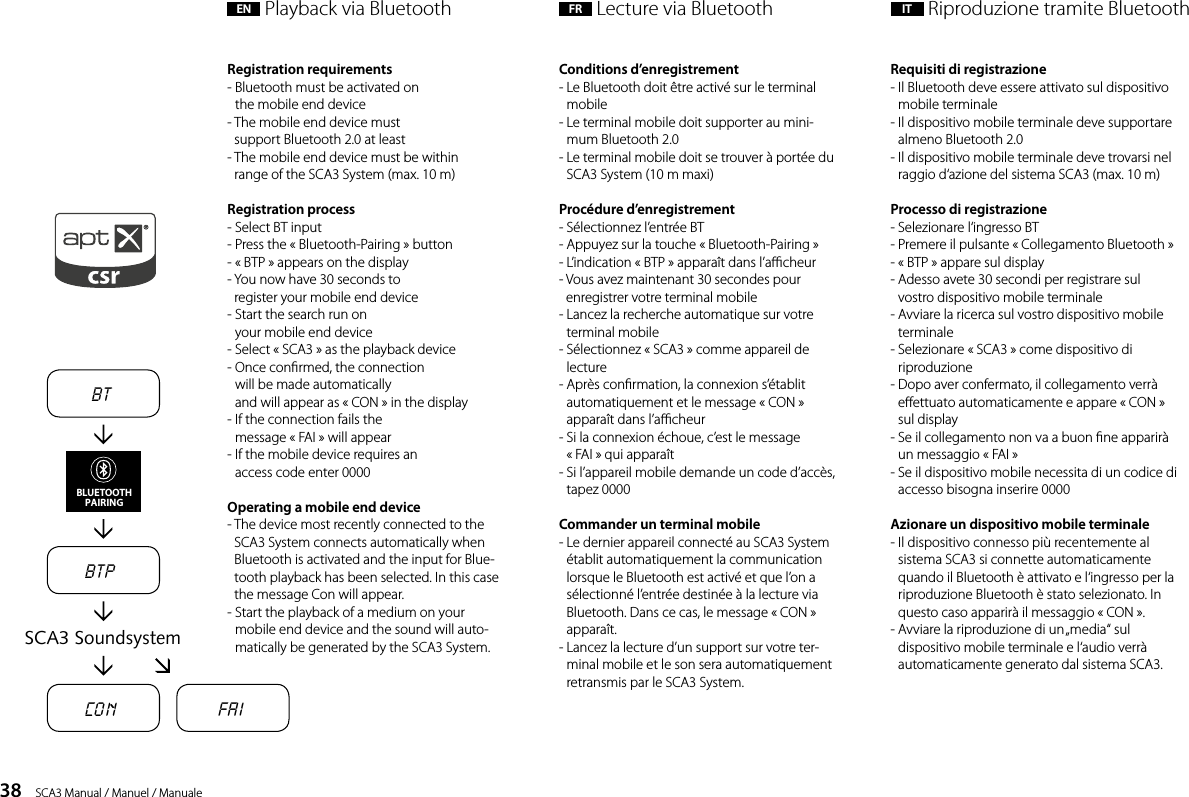 38    SCA3 Manual / Manuel / ManualeBTBTPCo n Fa iSCA3 SoundsystemBLUETOOTHPAIRINGRegistration requirements-  Bluetooth must be activated on  the mobile end device-  The mobile end device must  support Bluetooth 2.0 at least-  The mobile end device must be within  range of the SCA3 System (max. 10 m)Registration process- Select BT input- Press the &laquo; Bluetooth-Pairing &raquo; button- &laquo; BTP &raquo; appears on the display-  You now have 30 seconds to  register your mobile end device-  Start the search run on  your mobile end device- Select &laquo; SCA3 &raquo; as the playback device-  Once conrmed, the connection  will be made automatically  and will appear as &laquo; CON &raquo; in the display-  If the connection fails the  message &laquo; FAI &raquo; will appear-  If the mobile device requires an  access code enter 0000Operating a mobile end device-  The device most recently connected to the SCA3 System connects automatically when Bluetooth is activated and the input for Blue- tooth playback has been selected. In this case the message Con will appear.-  Start the playback of a medium on your  mobile end device and the sound will auto-matically be generated by the SCA3 System.Conditions d&rsquo;enregistrement-  Le Bluetooth doit &ecirc;tre activ&eacute; sur le terminal mobile-  Le terminal mobile doit supporter au mini-mum Bluetooth 2.0-  Le terminal mobile doit se trouver &agrave; port&eacute;e du SCA3 System (10 m maxi)Proc&eacute;dure d&rsquo;enregistrement- S&eacute;lectionnez l&rsquo;entr&eacute;e BT- Appuyez sur la touche &laquo; Bluetooth-Pairing &raquo;- L&rsquo;indication &laquo; BTP &raquo; appara&icirc;t dans l&rsquo;acheur-  Vous avez maintenant 30 secondes pour enregistrer votre terminal mobile-  Lancez la recherche automatique sur votre terminal mobile-  S&eacute;lectionnez &laquo; SCA3 &raquo; comme appareil de lecture-  Apr&egrave;s conrmation, la connexion s&rsquo;&eacute;tablit automatiquement et le message &laquo; CON &raquo; appara&icirc;t dans l&rsquo;acheur -  Si la connexion &eacute;choue, c&rsquo;est le message  &laquo; FAI &raquo; qui appara&icirc;t -  Si l&rsquo;appareil mobile demande un code d&rsquo;acc&egrave;s, tapez 0000Commander un terminal mobile-  Le dernier appareil connect&eacute; au SCA3 System &eacute;tablit automatiquement la communication lorsque le Bluetooth est activ&eacute; et que l&rsquo;on a s&eacute;lectionn&eacute; l&rsquo;entr&eacute;e destin&eacute;e &agrave; la lecture via Bluetooth. Dans ce cas, le message &laquo; CON &raquo; appara&icirc;t.-  Lancez la lecture d&rsquo;un support sur votre ter-minal mobile et le son sera automatiquement retransmis par le SCA3 System. Requisiti di registrazione-  Il Bluetooth deve essere attivato sul dispositivo mobile terminale-  Il dispositivo mobile terminale deve supportare almeno Bluetooth 2.0 -  Il dispositivo mobile terminale deve trovarsi nel raggio d&lsquo;azione del sistema SCA3 (max. 10 m)Processo di registrazione - Selezionare l&lsquo;ingresso BT - Premere il pulsante &laquo; Collegamento Bluetooth &raquo;  - &laquo; BTP &raquo; appare sul display-  Adesso avete 30 secondi per registrare sul vostro dispositivo mobile terminale-  Avviare la ricerca sul vostro dispositivo mobile terminale -  Selezionare &laquo; SCA3 &raquo; come dispositivo di riproduzione-  Dopo aver confermato, il collegamento verr&agrave; eettuato automaticamente e appare &laquo; CON &raquo; sul display-  Se il collegamento non va a buon ne apparir&agrave; un messaggio &laquo; FAI &raquo;-  Se il dispositivo mobile necessita di un codice di accesso bisogna inserire 0000Azionare un dispositivo mobile terminale -  Il dispositivo connesso pi&ugrave; recentemente al sistema SCA3 si connette automaticamente quando il Bluetooth &egrave; attivato e l&lsquo;ingresso per la riproduzione Bluetooth &egrave; stato selezionato. In questo caso apparir&agrave; il messaggio &laquo; CON &raquo;.-  Avviare la riproduzione di un &bdquo;media&ldquo; sul dispositivo mobile terminale e l&lsquo;audio verr&agrave; automaticamente generato dal sistema SCA3. EN  Playback via Bluetooth FR  Lecture via Bluetooth IT  Riproduzione tramite Bluetooth