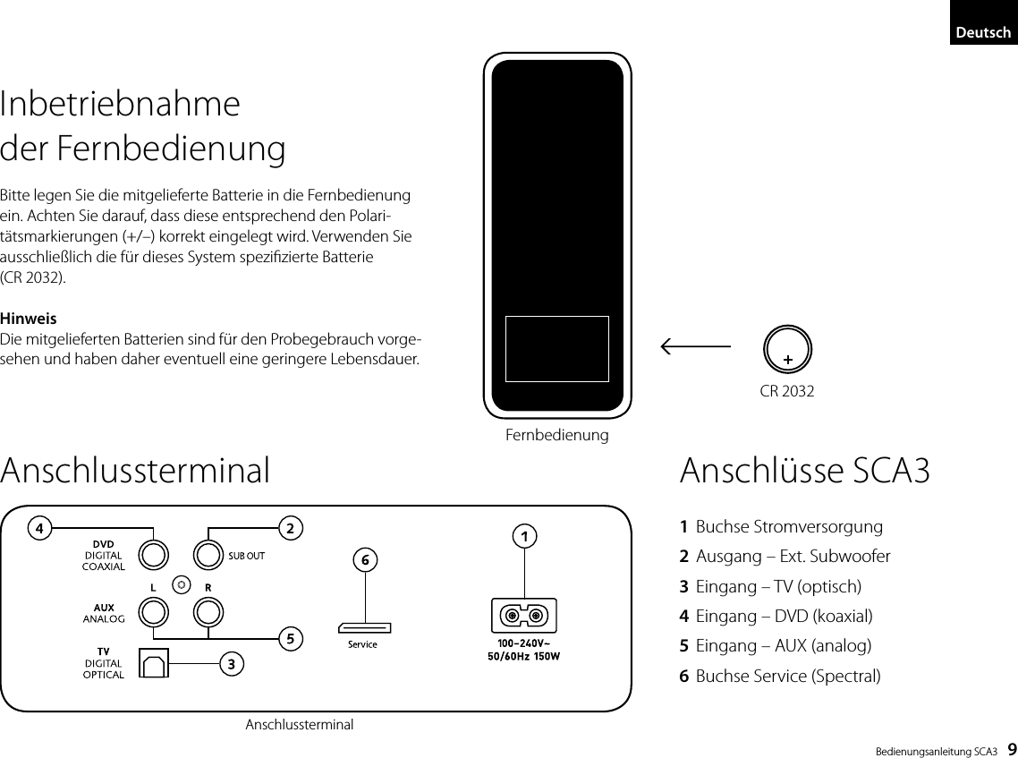  Bedienungsanleitung SCA3    9AnschlussterminalAnschlussterminalAnschl&uuml;sse SCA31  Buchse Stromversorgung2  Ausgang &ndash; Ext. Subwoofer3  Eingang &ndash; TV (optisch)4  Eingang &ndash; DVD (koaxial)5  Eingang &ndash; AUX (analog)6  Buchse Service (Spectral)DeutschInbetriebnahme der FernbedienungBitte legen Sie die mitgelieferte Batterie in die Fernbedienung ein. Achten Sie darauf, dass diese entsprechend den Polari-t&auml;tsmarkierungen (+/&ndash;) korrekt eingelegt wird. Verwenden Sie ausschlie&szlig;lich die f&uuml;r dieses System spezizierte Batterie  (CR 2032).HinweisDie mitgelieferten Batterien sind f&uuml;r den Probegebrauch vorge-sehen und haben daher eventuell eine geringere Lebensdauer.FernbedienungCR 2032