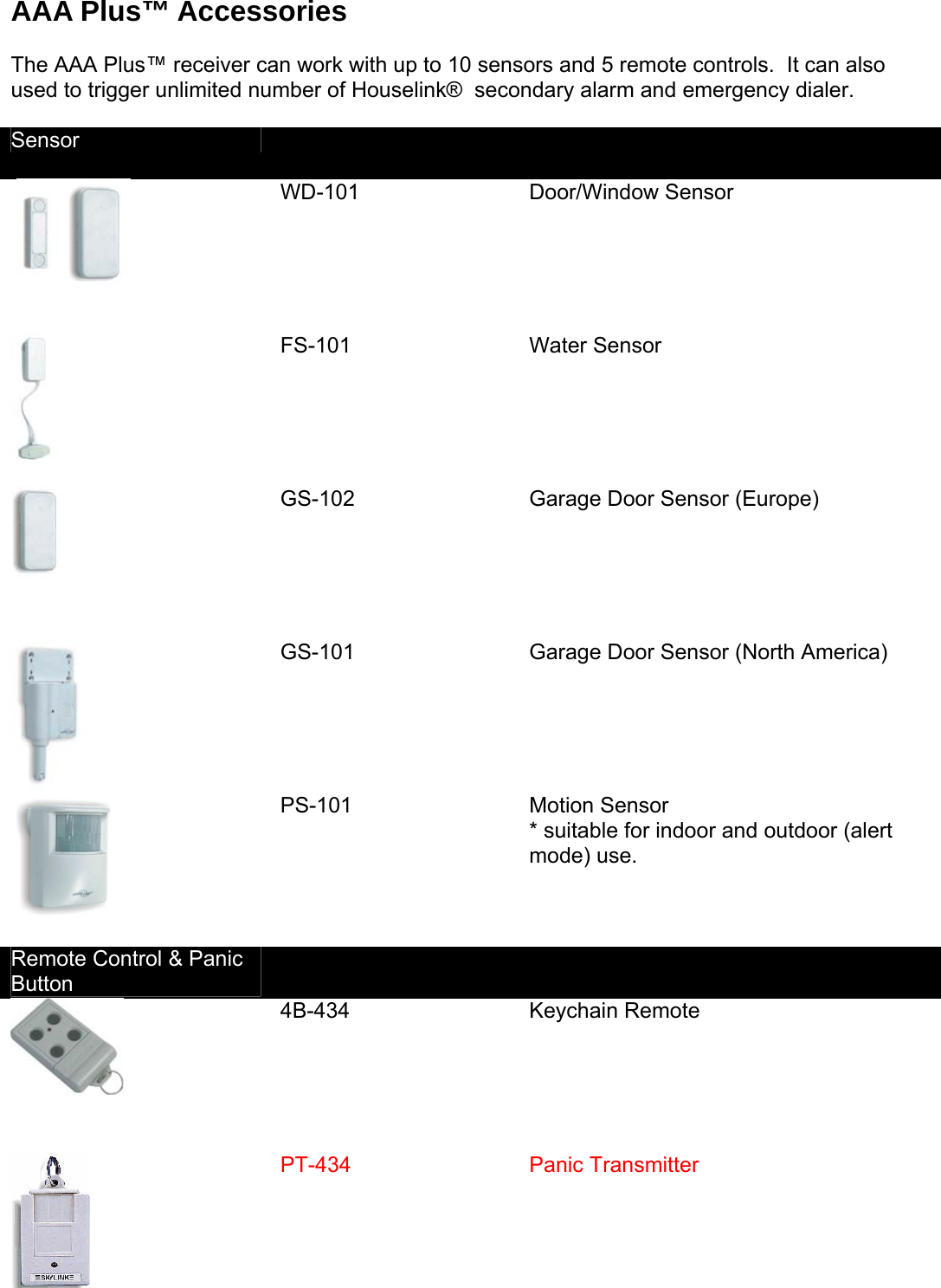 AAA Plus™ Accessories  The AAA Plus™ receiver can work with up to 10 sensors and 5 remote controls.  It can also used to trigger unlimited number of Houselink®  secondary alarm and emergency dialer.  Sensor       WD-101   Door/Window Sensor    FS-101    Water Sensor  GS-102    Garage Door Sensor (Europe)  GS-101    Garage Door Sensor (North America)  PS-101   Motion Sensor * suitable for indoor and outdoor (alert mode) use. Remote Control &amp; Panic Button     4B-434   Keychain Remote  PT-434 Panic Transmitter   