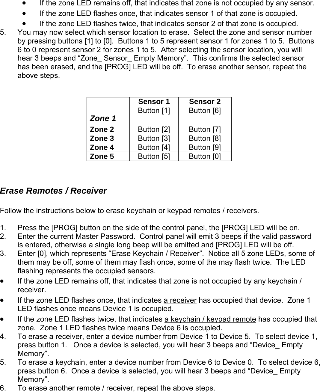 • If the zone LED remains off, that indicates that zone is not occupied by any sensor.   • If the zone LED flashes once, that indicates sensor 1 of that zone is occupied.   • If the zone LED flashes twice, that indicates sensor 2 of that zone is occupied. 5.  You may now select which sensor lo ase  zone and sensor number by pressing buttons [1 utton prese6 to 0 represent sens ones  r sel ensor location, you will hear 3 beeps and “Zone_ Sensor_ E ory”. rms the selected sensor has been erased, and OG] L ff.  To erase another sensor, repeat the above steps. Sensor 1  Sensor 2 cation to er .  Select the] to [0].  B s 1 to 5 re1 to 5.  Aftent sensor 1 for zones 1 to 5.  Buttons ecting the sor 2 for zmpty Mem   This confi the [PR ED will be o   Zone 1  Button [1]  Button [6] Zone 2  Button [2]  Button [7] Zone 3  Button [3]  Button [8] Zone 4  Button [4]  Button [9] Zone 5  Button [5]  Button [0]   e Remotes / Receiver E rasFollow the instructions below to erase keychain or keypad remotes / receivers.  1.  Press the [PROG] button on the side of the control panel, the [PROG] LED will be on. 2.  Enter the current Master Password.  Control panel will emit 3 beeps if the valid password is entered, otherwise a single long beep will be emitted and [PROG] LED will be off. 3.  Enter [0], which represents “Erase Keychain / Receiver”.  Notice all 5 zone LEDs, some of them may be off, some of them may flash once, some of the may flash twice.  The LED flashing represents the occupied sensors.   • If the zone LED remains off, that indicates that zone is not occupied by any keychain / receiver.   • If the zone LED flashes once, that indicates a receiver has occupied that device.  Zone 1 LED flashes once means Device 1 is occupied.   • If the zone LED flashes twice, that indicates a keychain / keypad remote has occupied that zone.  Zone 1 LED flashes twice means Device 6 is occupied. 4.  To erase a receiver, enter a device number from Device 1 to Device 5.  To select device 1, press button 1.   Once a device is selected, you will hear 3 beeps and “Device_ Empty Memory”. 5.  To erase a keychain, enter a device number from Device 6 to Device 0.  To select device 6, press button 6.  Once a device is selected, you will hear 3 beeps and “Device_ Empty Memory”. 6.  To erase another remote / receiver, repeat the above steps.    