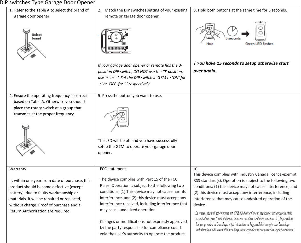  DIP switches Type Garage Door Opener 1. Refer to the Table A to select the brand of garage door opener  2. Match the DIP switches setting of your existing remote or garage door opener.  If your garage door opener or remote has the 3-position DIP switch, DO NOT use the &lsquo;0&rsquo; position, use &lsquo;+&rsquo; or &lsquo;-&lsquo;. Set the DIP switch in G7M to &lsquo;ON&rsquo; for &lsquo;+&rsquo; or &lsquo;OFF&rsquo; for &lsquo;-&lsquo; respectively. 3. Hold both buttons at the same time for 5 seconds.  ! You have 15 seconds to setup otherwise start over again. 4. Ensure the operating frequency is correct based on Table A. Otherwise you should place the rotary switch at a group that transmits at the proper frequency.  5. Press the button you want to use.  The LED will be off and you have successfully setup the G7M to operate your garage door opener.                                                 Warranty If, within one year from date of purchase, this product should become defective (except battery), due to faulty workmanship or materials, it will be repaired or replaced, without charge. Proof of purchase and a Return Authorization are required. FCC statement The device complies with Part 15 of the FCC Rules. Operation is subject to the following two conditions: (1) This device may not cause harmful interference, and (2) this device must accept any interference received, including interference that may cause undesired operation. Changes or modifications not expressly approved by the party responsible for compliance could void the user&rsquo;s authority to operate the product. IC This device complies with Industry Canada licence-exempt RSS standard(s). Operation is subject to the following two conditions: (1) this device may not cause interference, and (2) this device must accept any interference, including interference that may cause undesired operation of the device. 