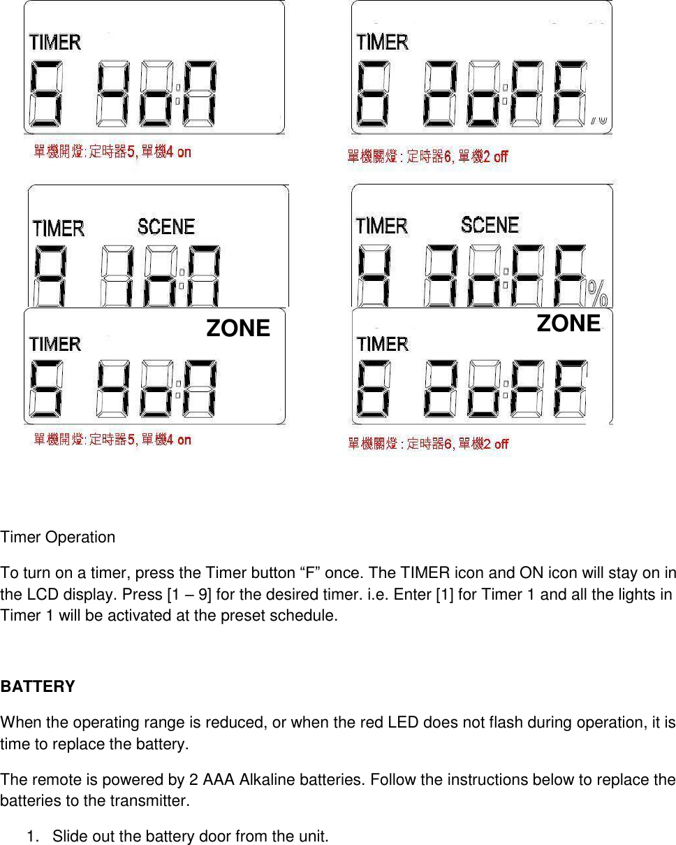 ZONE ZONE                  Timer Operation To turn on a timer, press the Timer button “F” once. The TIMER icon and ON icon will stay on in the LCD display. Press [1 – 9] for the desired timer. i.e. Enter [1] for Timer 1 and all the lights in Timer 1 will be activated at the preset schedule.  BATTERY When the operating range is reduced, or when the red LED does not flash during operation, it is time to replace the battery. The remote is powered by 2 AAA Alkaline batteries. Follow the instructions below to replace the batteries to the transmitter. 1.  Slide out the battery door from the unit. 