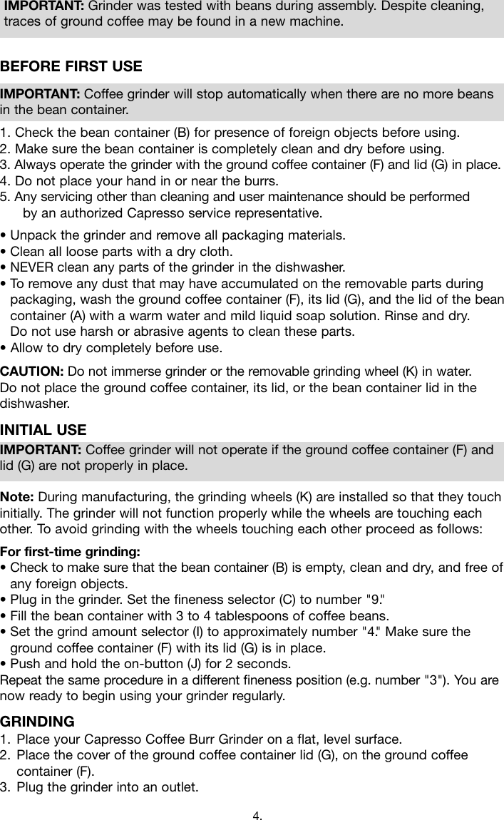 Page 4 of 6 - Capresso Capresso-Coffee-Burr-Grinder--559-Owner-S-Manual