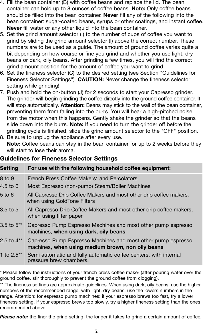 Page 5 of 6 - Capresso Capresso-Coffee-Burr-Grinder--559-Owner-S-Manual