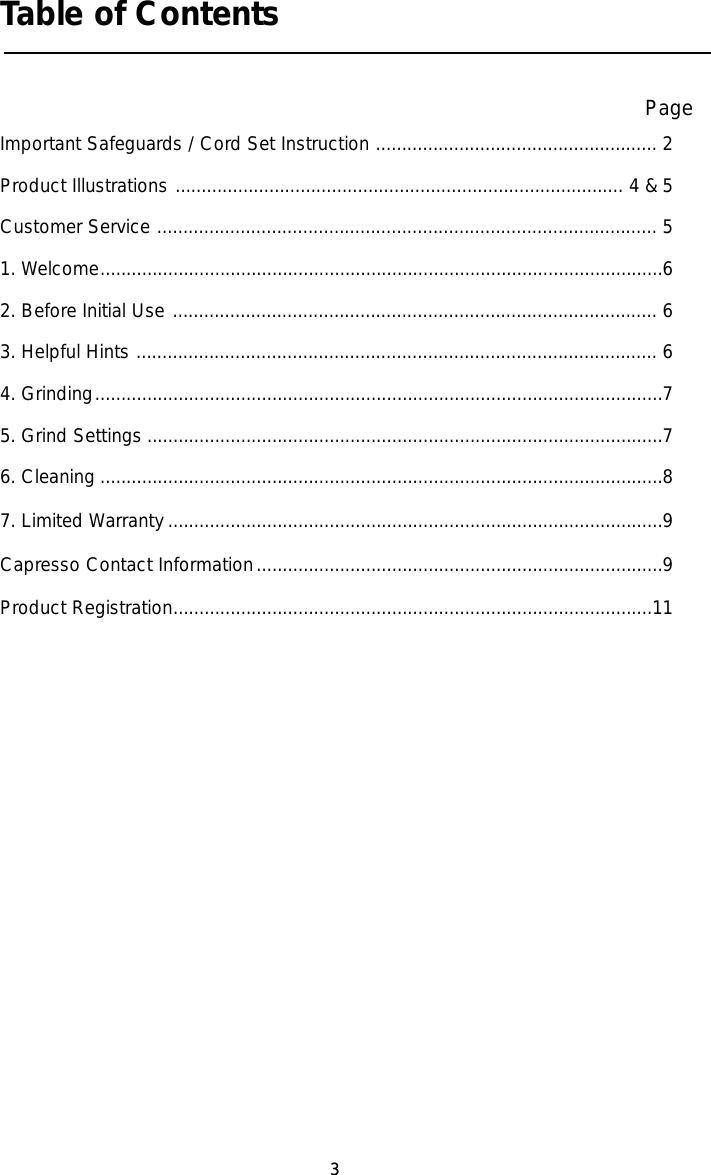 Page 3 of 11 - Capresso Capresso-Infinity-Conical-Burr-Grinder-Owner-S-Manual Single Pages