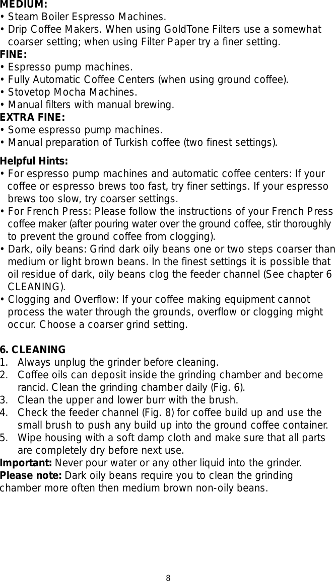 Page 8 of 11 - Capresso Capresso-Infinity-Conical-Burr-Grinder-Owner-S-Manual Single Pages