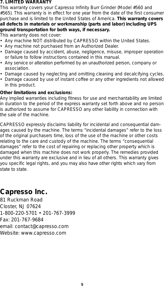 Page 9 of 11 - Capresso Capresso-Infinity-Conical-Burr-Grinder-Owner-S-Manual Single Pages