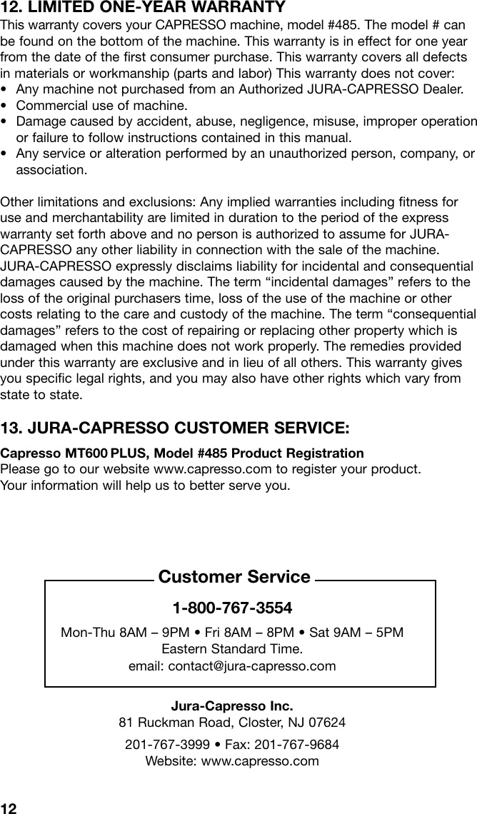 Page 12 of 12 - Capresso Capresso-Mt600-Plus-485-Users-Manual- MT500 IB 9/06  Capresso-mt600-plus-485-users-manual