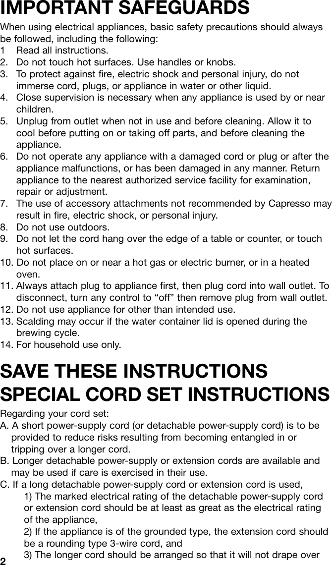 Page 2 of 12 - Capresso Capresso-Mt600-Plus-485-Users-Manual- MT500 IB 9/06  Capresso-mt600-plus-485-users-manual