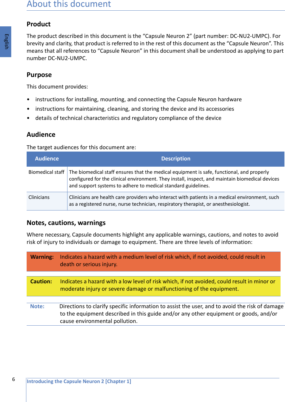 6EnglishIntroducing the Capsule Neuron 2 [Chapter 1]About this documentProduct The product described in this document is the “Capsule Neuron 2” (part number: DC-NU2-UMPC). For brevity and clarity, that product is referred to in the rest of this document as the “Capsule Neuron”. This means that all references to “Capsule Neuron” in this document shall be understood as applying to part number DC-NU2-UMPC.Purpose This document provides:• instructions for installing, mounting, and connecting the Capsule Neuron hardware• instructions for maintaining, cleaning, and storing the device and its accessories• details of technical characteristics and regulatory compliance of the deviceAudienceThe target audiences for this document are:Notes, cautions, warningsWhere necessary, Capsule documents highlight any applicable warnings, cautions, and notes to avoid risk of injury to individuals or damage to equipment. There are three levels of information:Note: Directions to clarify specific information to assist the user, and to avoid the risk of damage to the equipment described in this guide and/or any other equipment or goods, and/or cause environmental pollution.Audience DescriptionBiomedical staff The biomedical staff ensures that the medical equipment is safe, functional, and properly configured for the clinical environment. They install, inspect, and maintain biomedical devices and support systems to adhere to medical standard guidelines.Clinicians Clinicians are health care providers who interact with patients in a medical environment, such as a registered nurse, nurse technician, respiratory therapist, or anesthesiologist. Warning: Indicates a hazard with a medium level of risk which, if not avoided, could result in death or serious injury.Caution: Indicates a hazard with a low level of risk which, if not avoided, could result in minor or moderate injury or severe damage or malfunctioning of the equipment.