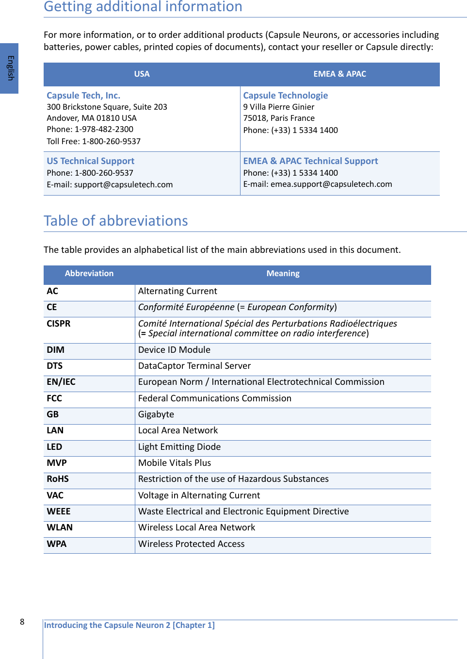 8EnglishIntroducing the Capsule Neuron 2 [Chapter 1]Getting additional informationFor more information, or to order additional products (Capsule Neurons, or accessories including batteries, power cables, printed copies of documents), contact your reseller or Capsule directly:Table of abbreviationsThe table provides an alphabetical list of the main abbreviations used in this document.USA EMEA &amp; APACCapsule Tech, Inc.300 Brickstone Square, Suite 203Andover, MA 01810 USAPhone: 1-978-482-2300Toll Free: 1-800-260-9537Capsule Technologie9 Villa Pierre Ginier75018, Paris FrancePhone: (+33) 1 5334 1400US Technical SupportPhone: 1-800-260-9537 E-mail: support@capsuletech.comEMEA &amp; APAC Technical SupportPhone: (+33) 1 5334 1400E-mail: emea.support@capsuletech.comAbbreviation MeaningAC Alternating CurrentCE Conformité Européenne (= European Conformity)CISPR Comité International Spécial des Perturbations Radioélectriques (= Special international committee on radio interference)DIM Device ID ModuleDTS DataCaptor Terminal ServerEN/IEC European Norm / International Electrotechnical CommissionFCC Federal Communications CommissionGB GigabyteLAN Local Area NetworkLED Light Emitting DiodeMVP Mobile Vitals PlusRoHS Restriction of the use of Hazardous SubstancesVAC Voltage in Alternating Current WEEE Waste Electrical and Electronic Equipment DirectiveWLAN Wireless Local Area NetworkWPA Wireless Protected Access