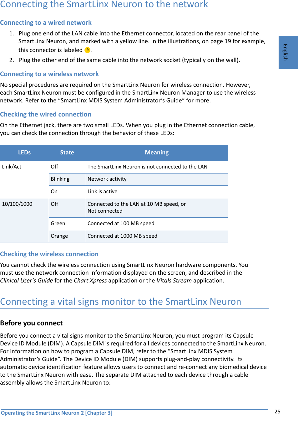 Operating the SmartLinx Neuron 2 [Chapter 3] 25EnglishConnecting the SmartLinx Neuron to the networkConnecting to a wired network1. Plug one end of the LAN cable into the Ethernet connector, located on the rear panel of the SmartLinx Neuron, and marked with a yellow line. In the illustrations, on page 19 for example, this connector is labeled  .2. Plug the other end of the same cable into the network socket (typically on the wall).Connecting to a wireless networkNo special procedures are required on the SmartLinx Neuron for wireless connection. However, each SmartLinx Neuron must be configured in the SmartLinx Neuron Manager to use the wireless network. Refer to the “SmartLinx MDIS System Administrator’s Guide” for more.Checking the wired connectionOn the Ethernet jack, there are two small LEDs. When you plug in the Ethernet connection cable, you can check the connection through the behavior of these LEDs: Checking the wireless connectionYou cannot check the wireless connection using SmartLinx Neuron hardware components. You must use the network connection information displayed on the screen, and described in the Clinical User’s Guide for the Chart Xpress application or the Vitals Stream application. Connecting a vital signs monitor to the SmartLinx NeuronBefore you connectBefore you connect a vital signs monitor to the SmartLinx Neuron, you must program its Capsule Device ID Module (DIM). A Capsule DIM is required for all devices connected to the SmartLinx Neuron.  For information on how to program a Capsule DIM, refer to the “SmartLinx MDIS System Administrator’s Guide”. The Device ID Module (DIM) supports plug-and-play connectivity. Its automatic device identification feature allows users to connect and re-connect any biomedical device to the SmartLinx Neuron with ease. The separate DIM attached to each device through a cable assembly allows the SmartLinx Neuron to:LEDs State MeaningLink/Act Off The SmartLinx Neuron is not connected to the LANBlinking Network activityOn Link is active10/100/1000 Off Connected to the LAN at 10 MB speed, or Not connected Green Connected at 100 MB speedOrange  Connected at 1000 MB speed  9  