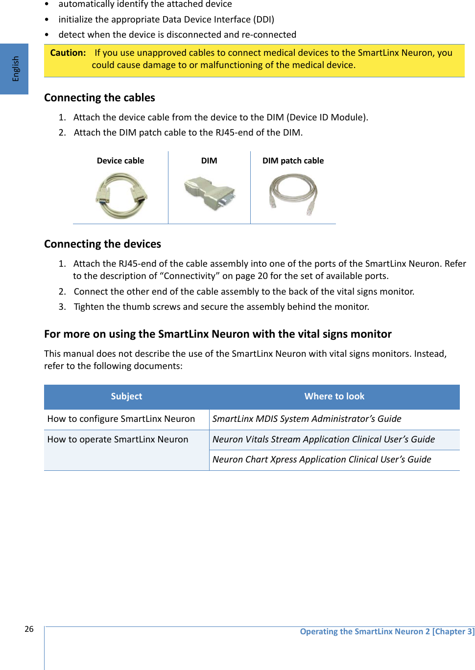 Operating the SmartLinx Neuron 2 [Chapter 3]26English• automatically identify the attached device• initialize the appropriate Data Device Interface (DDI)• detect when the device is disconnected and re-connectedConnecting the cables1. Attach the device cable from the device to the DIM (Device ID Module).2. Attach the DIM patch cable to the RJ45-end of the DIM.Connecting the devices1. Attach the RJ45-end of the cable assembly into one of the ports of the SmartLinx Neuron. Refer to the description of “Connectivity” on page 20 for the set of available ports. 2. Connect the other end of the cable assembly to the back of the vital signs monitor.3. Tighten the thumb screws and secure the assembly behind the monitor. For more on using the SmartLinx Neuron with the vital signs monitorThis manual does not describe the use of the SmartLinx Neuron with vital signs monitors. Instead, refer to the following documents:Caution:  If you use unapproved cables to connect medical devices to the SmartLinx Neuron, you could cause damage to or malfunctioning of the medical device.Device cable DIM DIM patch cableSubject Where to lookHow to configure SmartLinx Neuron SmartLinx MDIS System Administrator’s GuideHow to operate SmartLinx Neuron Neuron Vitals Stream Application Clinical User’s GuideNeuron Chart Xpress Application Clinical User’s Guide