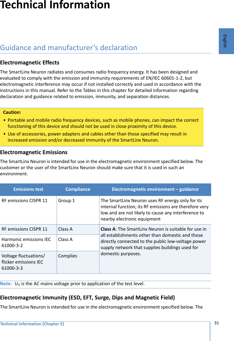 Technical Information [Chapter 5] 31EnglishTechnical InformationGuidance and manufacturer’s declarationElectromagnetic EffectsThe SmartLinx Neuron radiates and consumes radio frequency energy. It has been designed and evaluated to comply with the emission and immunity requirements of EN/IEC 60601-1-2, but electromagnetic interference may occur if not installed correctly and used in accordance with the instructions in this manual. Refer to the Tables in this chapter for detailed information regarding declaration and guidance related to emission, immunity, and separation distances.Electromagnetic EmissionsThe SmartLinx Neuron is intended for use in the electromagnetic environment specified below. The customer or the user of the SmartLinx Neuron should make sure that it is used in such an environment. Note: UT is the AC mains voltage prior to application of the test level.Electromagnetic Immunity (ESD, EFT, Surge, Dips and Magnetic Field)The SmartLinx Neuron is intended for use in the electromagnetic environment specified below. The Caution:• Portable and mobile radio frequency devices, such as mobile phones, can impact the correct functioning of this device and should not be used in close proximity of this device.• Use of accessories, power adapters and cables other than those specified may result in increased emission and/or decreased immunity of the SmartLinx Neuron.Emissions test Compliance Electromagnetic environment – guidanceRF emissions CISPR 11 Group 1 The SmartLinx Neuron uses RF energy only for its internal function; its RF emissions are therefore very low and are not likely to cause any interference to nearby electronic equipmentRF emissions CISPR 11 Class A Class A: The SmartLinx Neuron is suitable for use in all establishments other than domestic and those directly connected to the public low-voltage power supply network that supplies buildings used for domestic purposes.Harmonic emissions IEC 61000-3-2Class AVoltage fluctuations/flicker emissions IEC 61000-3-3Complies