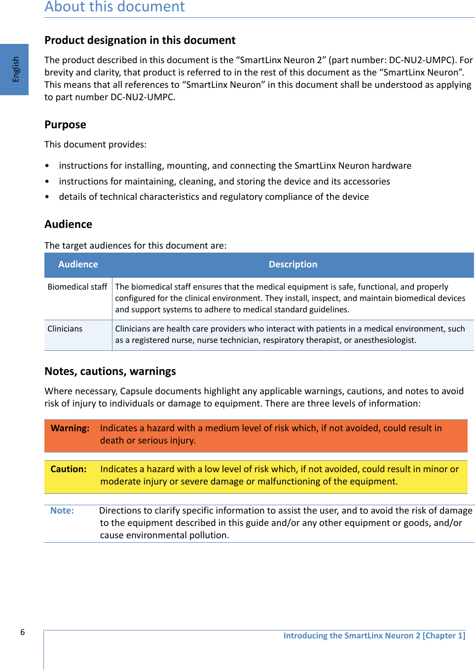 6EnglishIntroducing the SmartLinx Neuron 2 [Chapter 1]About this documentProduct designation in this documentThe product described in this document is the “SmartLinx Neuron 2” (part number: DC-NU2-UMPC). For brevity and clarity, that product is referred to in the rest of this document as the “SmartLinx Neuron”. This means that all references to “SmartLinx Neuron” in this document shall be understood as applying to part number DC-NU2-UMPC.Purpose This document provides:• instructions for installing, mounting, and connecting the SmartLinx Neuron hardware• instructions for maintaining, cleaning, and storing the device and its accessories• details of technical characteristics and regulatory compliance of the deviceAudienceThe target audiences for this document are:Notes, cautions, warningsWhere necessary, Capsule documents highlight any applicable warnings, cautions, and notes to avoid risk of injury to individuals or damage to equipment. There are three levels of information:Note: Directions to clarify specific information to assist the user, and to avoid the risk of damage to the equipment described in this guide and/or any other equipment or goods, and/or cause environmental pollution.Audience DescriptionBiomedical staff The biomedical staff ensures that the medical equipment is safe, functional, and properly configured for the clinical environment. They install, inspect, and maintain biomedical devices and support systems to adhere to medical standard guidelines.Clinicians Clinicians are health care providers who interact with patients in a medical environment, such as a registered nurse, nurse technician, respiratory therapist, or anesthesiologist. Warning: Indicates a hazard with a medium level of risk which, if not avoided, could result in death or serious injury.Caution: Indicates a hazard with a low level of risk which, if not avoided, could result in minor or moderate injury or severe damage or malfunctioning of the equipment.
