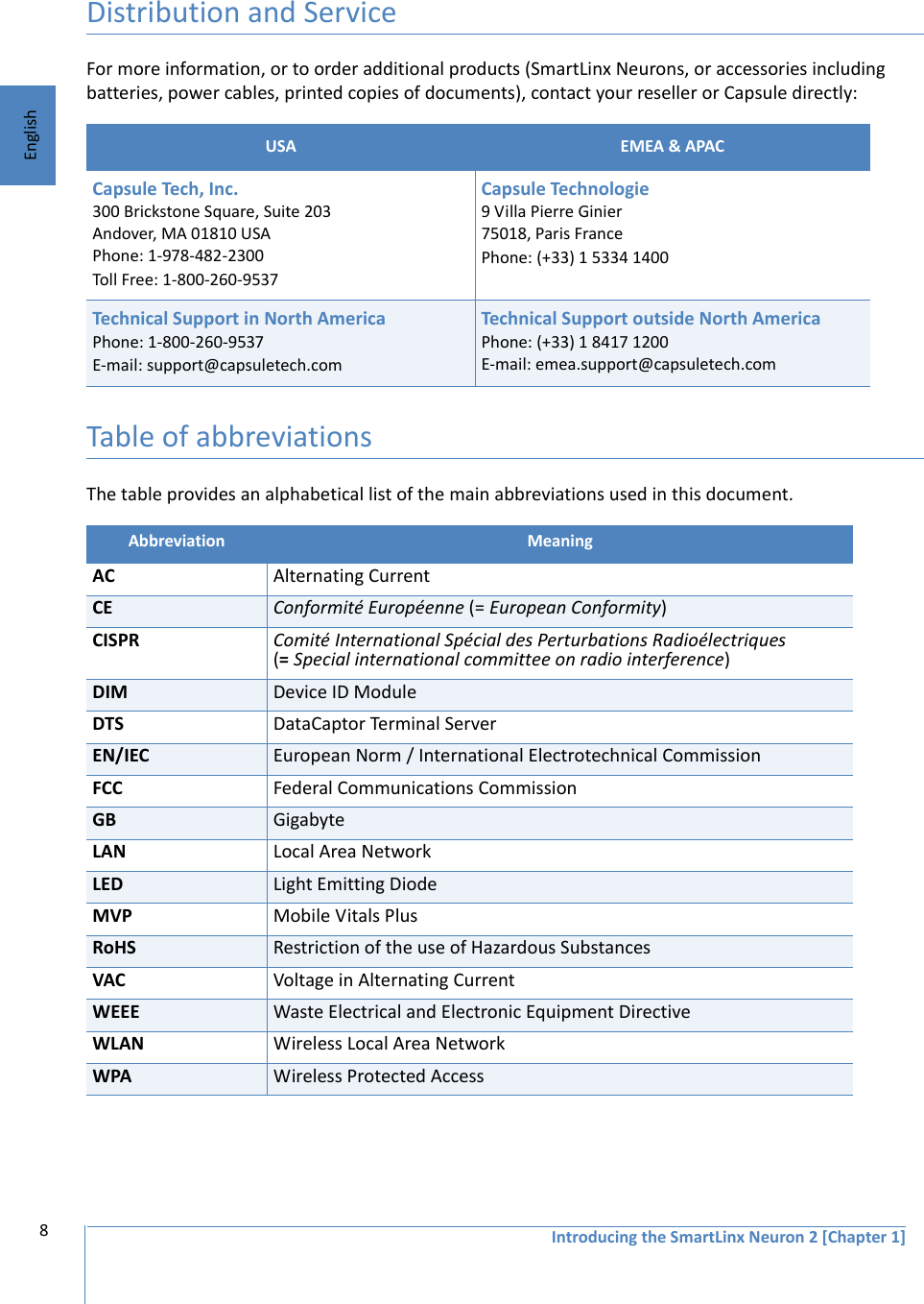 8EnglishIntroducing the SmartLinx Neuron 2 [Chapter 1]Distribution and ServiceFor more information, or to order additional products (SmartLinx Neurons, or accessories including batteries, power cables, printed copies of documents), contact your reseller or Capsule directly:Table of abbreviationsThe table provides an alphabetical list of the main abbreviations used in this document.USA EMEA &amp; APACCapsule Tech, Inc.300 Brickstone Square, Suite 203Andover, MA 01810 USAPhone: 1-978-482-2300Toll Free: 1-800-260-9537Capsule Technologie9 Villa Pierre Ginier75018, Paris FrancePhone: (+33) 1 5334 1400Technical Support in North AmericaPhone: 1-800-260-9537 E-mail: support@capsuletech.comTechnical Support outside North AmericaPhone: (+33) 1 8417 1200E-mail: emea.support@capsuletech.comAbbreviation MeaningAC Alternating CurrentCE Conformité Européenne (= European Conformity)CISPR Comité International Spécial des Perturbations Radioélectriques (= Special international committee on radio interference)DIM Device ID ModuleDTS DataCaptor Terminal ServerEN/IEC European Norm / International Electrotechnical CommissionFCC Federal Communications CommissionGB GigabyteLAN Local Area NetworkLED Light Emitting DiodeMVP Mobile Vitals PlusRoHS Restriction of the use of Hazardous SubstancesVAC Voltage in Alternating Current WEEE Waste Electrical and Electronic Equipment DirectiveWLAN Wireless Local Area NetworkWPA Wireless Protected Access