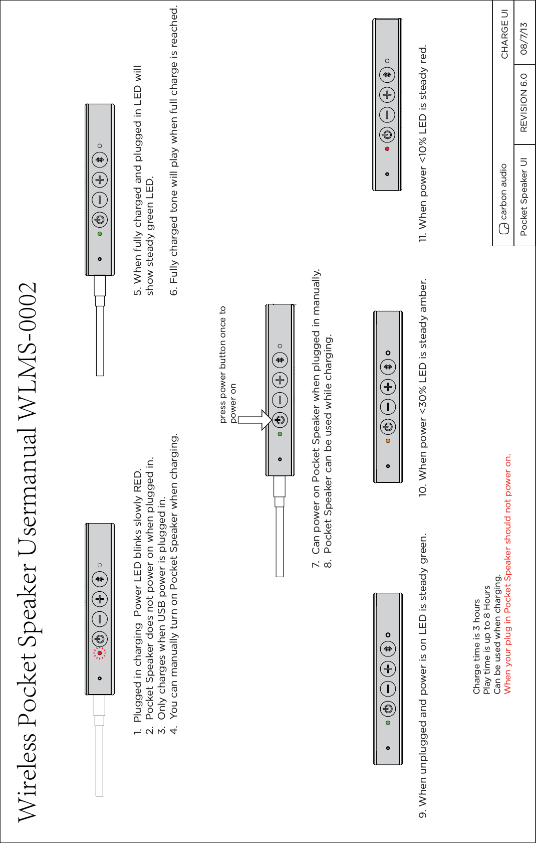  CHARGE / BATTERY UI1.  Plugged in charging  Power LED blinks slowly RED.2.  Pocket Speaker does not power on when plugged in.3.  Only charges when USB power is plugged in.4.  You can manually turn on Pocket Speaker when charging.5. When fully charged and plugged in LED willshow steady green LED.  6. Fully charged tone will play when full charge is reached.Pocket Speaker UI  REVISION 6.0  08/7/13 CHARGE UICharge time is 3 hoursPlay time is up to 8 Hours Can be used when charging.When your plug in Pocket Speaker should not power on.7.  Can power on Pocket Speaker when plugged in manually.8.  Pocket Speaker can be used while charging.press power button once topower on9. When unplugged and power is on LED is steady green. 10. When power <30% LED is steady amber. 11. When power <10% LED is steady red.Wireless Pocket Speaker Usermanual WLMS-0002