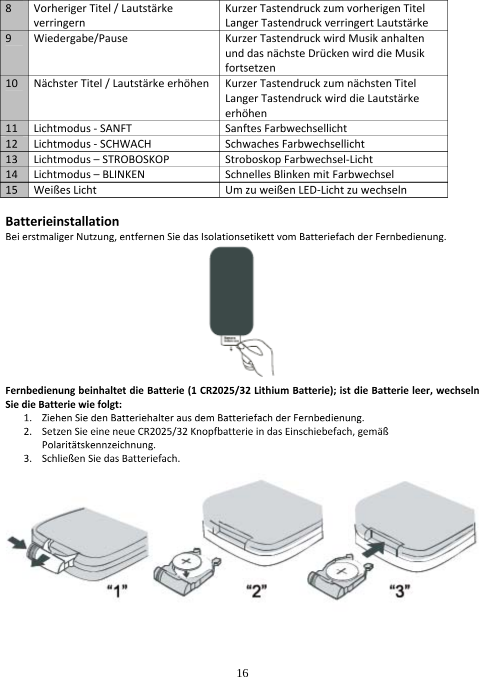 16  8VorherigerTitel/LautstärkeverringernKurzerTastendruckzumvorherigenTitelLangerTastendruckverringertLautstärke9Wiedergabe/PauseKurzerTastendruckwirdMusikanhaltenunddasnächsteDrückenwirddieMusikfortsetzen10NächsterTitel/LautstärkeerhöhenKurzerTastendruckzumnächstenTitelLangerTastendruckwirddieLautstärkeerhöhen11Lichtmodus‐SANFTSanftesFarbwechsellicht12Lichtmodus‐SCHWACHSchwachesFarbwechsellicht13Lichtmodus–STROBOSKOPStroboskopFarbwechsel‐Licht14Lichtmodus–BLINKENSchnellesBlinkenmitFarbwechsel15WeißesLichtUmzuweißenLED‐LichtzuwechselnBatterieinstallationBeierstmaligerNutzung,entfernenSiedasIsolationsetikettvomBatteriefachderFernbedienung. FernbedienungbeinhaltetdieBatterie(1CR2025/32LithiumBatterie);istdieBatterieleer,wechselnSiedieBatteriewiefolgt:1. ZiehenSiedenBatteriehalterausdemBatteriefachderFernbedienung.2. SetzenSieeineneueCR2025/32KnopfbatterieindasEinschiebefach,gemäßPolaritätskennzeichnung.3. SchließenSiedasBatteriefach.
