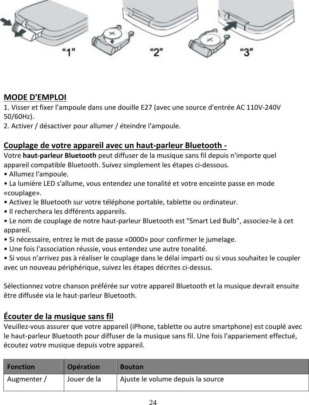 24  MODED&apos;EMPLOI1.Visseretfixerl&apos;ampouledansunedouilleE27(avecunesourced&apos;entréeAC110V‐240V50/60Hz).2.Activer/désactiverpourallumer/éteindrel&apos;ampoule.Couplagedevotreappareilavecunhaut‐parleurBluetooth‐Votrehaut‐parleurBluetoothpeutdiffuserdelamusiquesansfildepuisn&apos;importequelappareilcompatibleBluetooth.Suivezsimplementlesétapesci‐dessous.•Allumezl&apos;ampoule.•LalumièreLEDs&apos;allume,vousentendezunetonalitéetvotreenceintepasseenmode«couplage».•ActivezleBluetoothsurvotretéléphoneportable,tabletteouordinateur.•Ilrechercheralesdifférentsappareils.•Lenomdecouplagedenotrehaut‐parleurBluetoothest&quot;SmartLedBulb&quot;,associez‐leàcetappareil.•Sinécessaire,entrezlemotdepasse«0000»pourconfirmerlejumelage.•Unefoisl&apos;associationréussie,vousentendezuneautretonalité.•Sivousn&apos;arrivezpasàréaliserlecouplagedansledélaiimpartiousivoussouhaitezlecoupleravecunnouveaupériphérique,suivezlesétapesdécritesci‐dessus.SélectionnezvotrechansonpréféréesurvotreappareilBluetoothetlamusiquedevraitensuiteêtrediffuséevialehaut‐parleurBluetooth.ÉcouterdelamusiquesansfilVeuillez‐vousassurerquevotreappareil(iPhone,tabletteouautresmartphone)estcoupléaveclehaut‐parleurBluetoothpourdiffuserdelamusiquesansfil.Unefoisl&apos;appariementeffectué,écoutezvotremusiquedepuisvotreappareil.FonctionOpérationBoutonAugmenter/JouerdelaAjustelevolumedepuislasource
