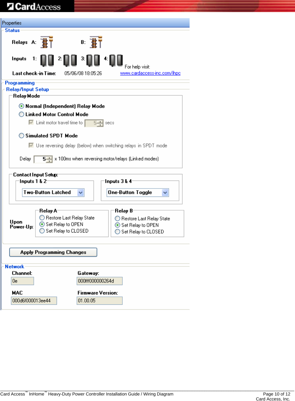   _________________________________________________________________________________________________________________________ Card Access™ InHome™ Heavy-Duty Power Controller Installation Guide / Wiring Diagram                 Page 10 of 12    Card Access, Inc. 