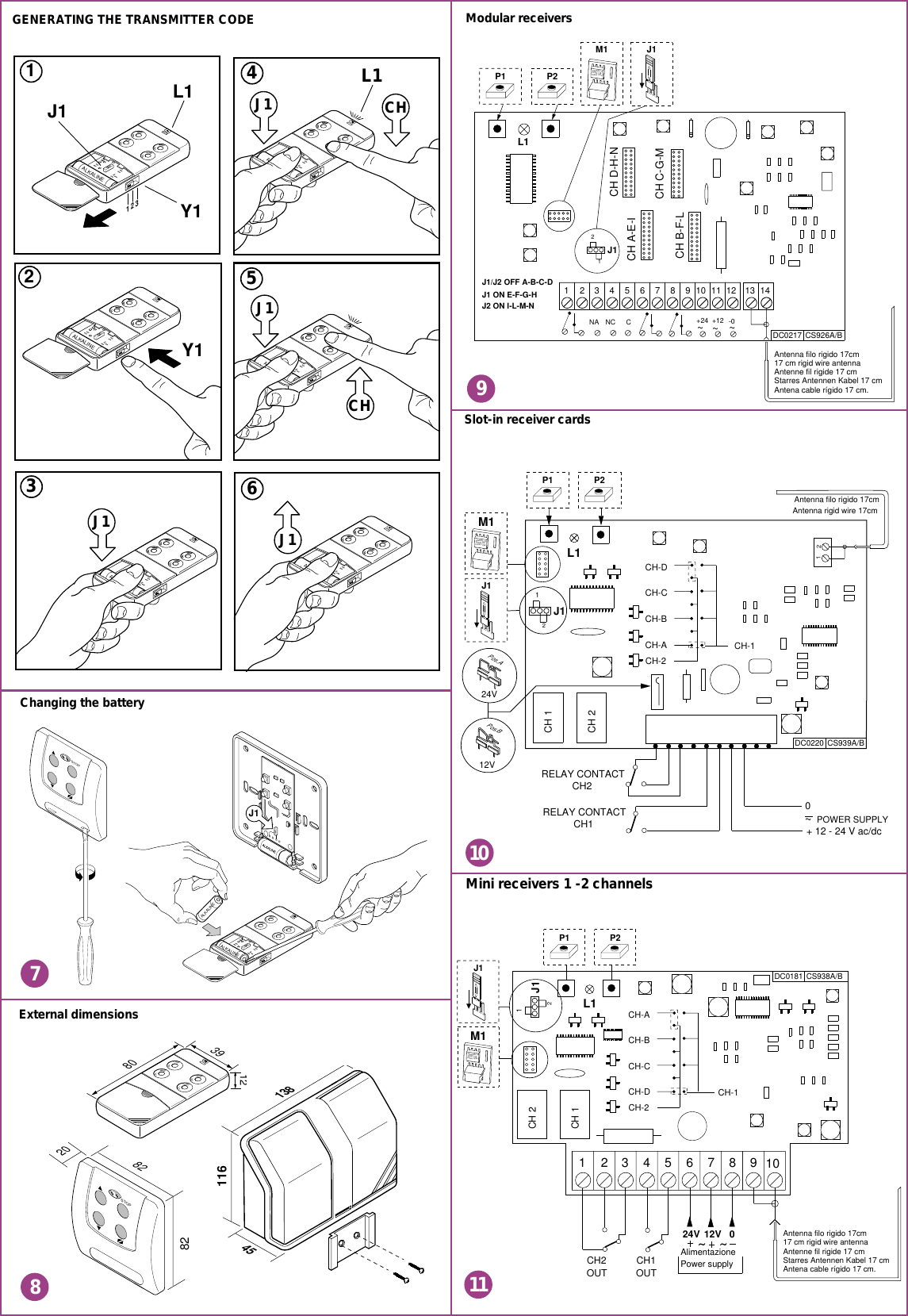 Modular receiversSlot-in receiver cardsMini receivers 1 -2 channelsGENERATING THE TRANSMITTER CODEALKALINE3J1ALKALINE123J1Y11L14ALKALINEJ1 CHL1ALKALINE6J1ALKALINE2Y1ALKALINE5J1CH123980ALKALINEALKALINEExternal dimensionsChanging the battery 116 138451178910CH D-H-NCH C-G-MCH A-E-ICH B-F-L+24NA NC C~+12     ~-0     ~1 2 3 4 5 6 7 8 9 10 11 12 13 14M1P1 P2 12J1J1L1J1/J2 OFF A-B-C-DJ1 ON E-F-G-HJ2 ON I-L-M-NASAGSH QDFER 139KJHG 1254DC0217  CS926A/BAntenna filo rigido 17cm17 cm rigid wire antennaAntenne fil rigide 17 cmStarres Antennen Kabel 17 cmAntena cable r&iacute;gido 17 cm.P1 P2 21J1J1ASAGSH QDFER 139KJHG 1254CH 1CH-D CH-C CH-B CH-A CH-2CH-1CH 2RELAY CONTACTCH2RELAY CONTACTCH1 POWER SUPPLY+ 12 - 24 V ac/dc120~Antenna filo rigido 17cmAntenna rigid wire 17cmM1L124V12VPos.APos.BDC0220  CS939A/BP1 P2 21J1J1ASAGSH QDFER 139KJHG 1254CH 2CH-ACH-B CH-C CH-D CH-2CH-1CH 1CH2M1L112345678910OUTCH1OUTDC0181  CS938A/B24V 012VAlimentazionePower supplyAntenna filo rigido 17cm17 cm rigid wire antennaAntenne fil rigide 17 cmStarres Antennen Kabel 17 cmAntena cable r&iacute;gido 17 cm.ALKALINESTOPJ1 82 2082STOP