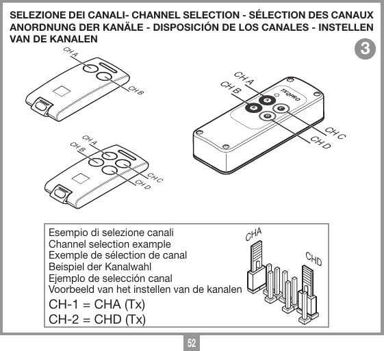 52SELEZIONE DEI CANALI- CHANNEL SELECTION - S&Eacute;LECTION DES CANAUX ANORDNUNG DER KAN&Auml;LE - DISPOSICI&Oacute;N DE LOS CANALES - INSTELLEN VAN DE KANALENCHACHDEsempio di selezione canaliChannel selection exampleExemple de s&eacute;lection de canalBeispiel der KanalwahlEjemplo de selecci&oacute;n canalVoorbeeld van het instellen van de kanalenCH-1 = CHA (Tx)CH-2 = CHD (Tx)CH ACH BCH CCH DATXQPROBCD3SELEZIONI CANALE 4 TASTITXQ504C2-C428-10-2013DM0903 Description :Product Code :Date :Drawing number :P.J.HeathCARDIN ELETTRONICA S.p.A  - 31020 San Vendemiano (TV) Italy - via Raffaello, 36 Tel: 0438/401818 Fax: 0438/401831Draft : All rights reserved. Unauthorised copying or use of the information contained in this document is punishable by law CH ACH BCH CCH DSELEZIONI CANALE 2 TASTITXQ504C2-C428-10-2013DM0904 Description :Product Code :Date :Drawing number :P.J.HeathCARDIN ELETTRONICA S.p.A  - 31020 San Vendemiano (TV) Italy - via Raffaello, 36 Tel: 0438/401818 Fax: 0438/401831Draft : All rights reserved. Unauthorised copying or use of the information contained in this document is punishable by law CH A CH B