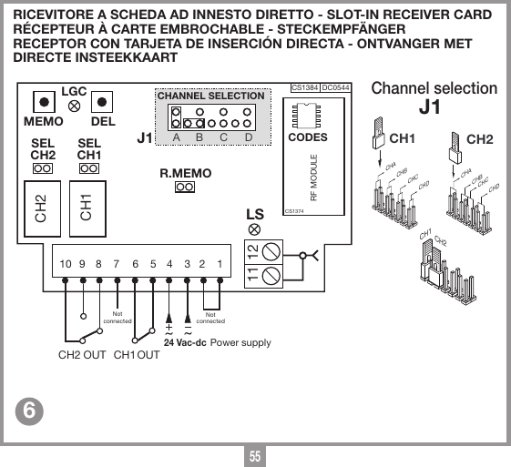 55RICEVITORE A SCHEDA AD INNESTO DIRETTO - SLOT-IN RECEIVER CARD R&Eacute;CEPTEUR &Agrave; CARTE EMBROCHABLE - STECKEMPF&Auml;NGERRECEPTOR CON TARJETA DE INSERCI&Oacute;N DIRECTA - ONTVANGER MET DIRECTE INSTEEKKAART6CHANNEL SELECTION11 1210 9 8 7 6 5 4 3 2 1Ricevitore scheda  RSQ504C2DC0544 Description :Product Code :Date :Drawing number :P.J.HeathCARDIN ELETTRONICA S.p.A  - 31020 San Vendemiano (TV) Italy - via Raffaello, 36 Tel: 0438/401818 Fax: 0438/401831Draft : All rights reserved. Unauthorised copying or use of the information contained in this document is punishable by law RSQ504C2 via radioCH2 CH1CH2 OUT CH1OUTLGCMEMO DEL   24 Vac-dcA B C DR.MEMOLSNotconnectedNotconnectedPower supplyRF MODULE SELCH2 SELCH1CS1384  DC054429-10-2013 Circuito stampato: CS1384BCODESCS1374J1Selezione Canali Jumper MorpheusMORPH43320-05-2010DC0447 Description :Product Code :Date :Drawing number :P.J.HeathCARDIN ELETTRONICA S.p.A  - 31020 San Vendemiano (TV) Italy - via Raffaello, 36 Tel: 0438/401818 Fax: 0438/401831Draft : All rights reserved. Unauthorised copying or use of the information contained in this document is punishable by law MORPH433 selezione canaliCHACHBCHCCHDCHACHBCHCCHDCH1CH2CH1 CH2Channel selectionJ1