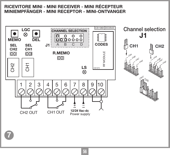 56RICEVITORE MINI - MINI RECEIVER - MINI R&Eacute;CEPTEURMINIEMPF&Auml;NGER - MINI RECEPTOR - MINI-ONTVANGER7CH21 2 3 4 5 6 7 8 9 10OUT CH1 OUTLGCMEMO DELCH2 CH1SELCH2 SELCH1   12/24 Vac-dcPower supplyCHANNEL SELECTIONRicevitore mini 2CH serie S504RQM504C229-10-2013DC0543 Description :Product Code :Date :Drawing number :P.J.HeathCARDIN ELETTRONICA S.p.A  - 31020 San Vendemiano (TV) Italy - via Raffaello, 36 Tel: 0438/401818 Fax: 0438/401831Draft : All rights reserved. Unauthorised copying or use of the information contained in this document is punishable by law S504 MINI via radioR.MEMOLSRF MODULE A B C DCS1383  DC0543Circuito stampato: CS1383BCODESCS1374J1Selezione Canali Jumper MorpheusMORPH43320-05-2010DC0447 Description :Product Code :Date :Drawing number :P.J.HeathCARDIN ELETTRONICA S.p.A  - 31020 San Vendemiano (TV) Italy - via Raffaello, 36 Tel: 0438/401818 Fax: 0438/401831Draft : All rights reserved. Unauthorised copying or use of the information contained in this document is punishable by law MORPH433 selezione canaliCHACHBCHCCHDCHACHBCHCCHDCH1CH2CH1 CH2Channel selectionJ1