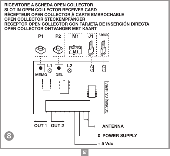 57RICEVITORE A SCHEDA OPEN COLLECTOR SLOT-IN OPEN COLLECTOR RECEIVER CARDR&Eacute;CEPTEUR OPEN COLLECTOR &Agrave; CARTE EMBROCHABLEOPEN COLLECTOR STECKEMPF&Auml;NGERRECEPTOR OPEN COLLECTOR CON TARJETA DE INSERCI&Oacute;N DIRECTAOPEN COLLECTOR ONTVANGER MET KAART8P1 P2R.MEMOJ1Ricevitore a scheda S504-open09-06-2016DC0566 Description :Product Code :Date :Drawing number :P.J.HeathCARDIN ELETTRONICA S.p.A  - 31020 San Vendemiano (TV) Italy - via Raffaello, 36 Tel: 0438/401818 Fax: 0438/401831Draft : All rights reserved. Unauthorised copying or use of the information contained in this document is punishable by law open collectorL2L1M1M124LC64DC0566 CS1485AOUT 1POWER SUPPLY+ 5 VdcANTENNAOUT 2MEMO DEL
