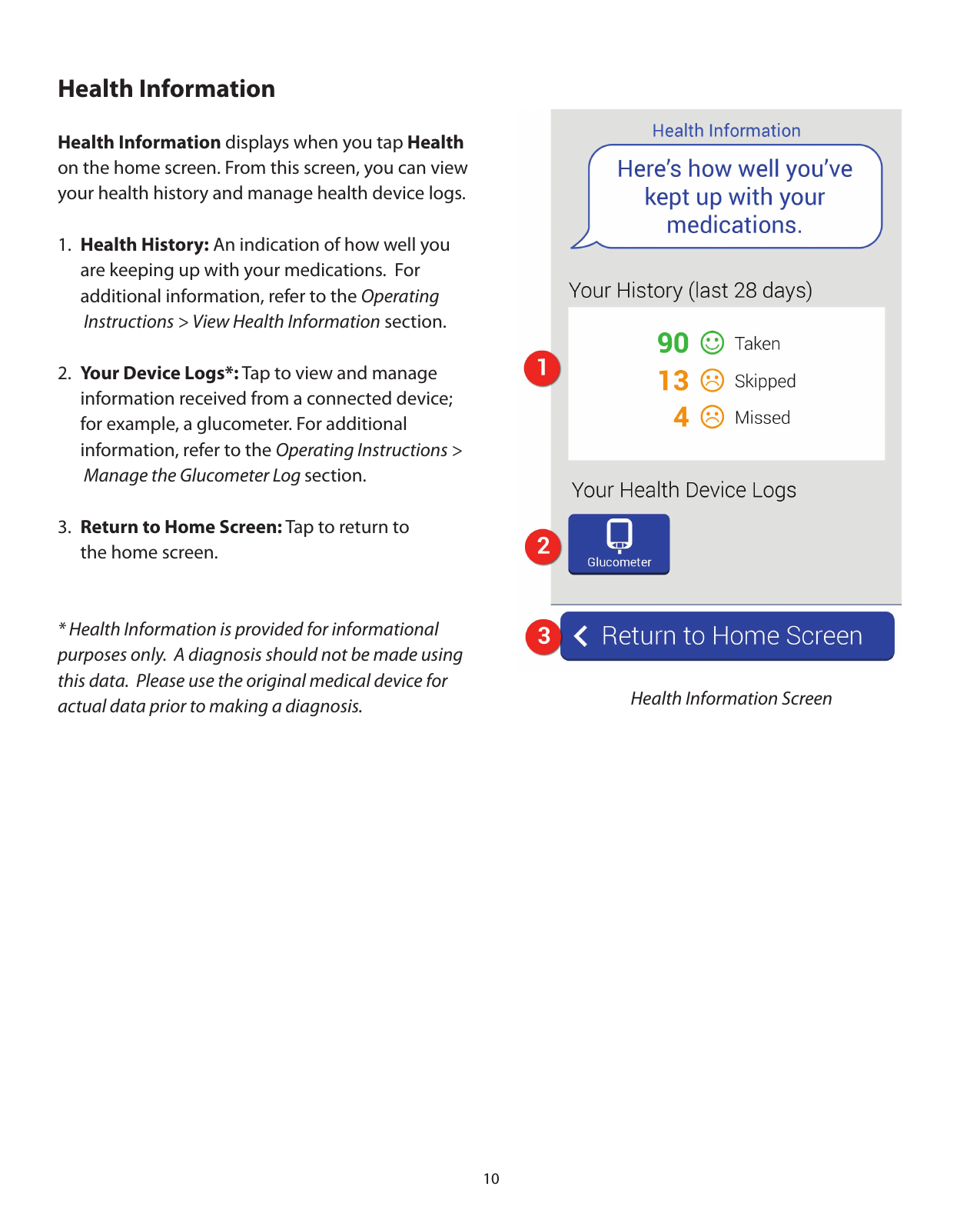 10Health InformationHealth Information displays when you tap Health on the home screen. From this screen, you can view your health history and manage health device logs.1.  Health History: An indication of how well you   are keeping up with your medications.  For   additional information, refer to the Operating    Instructions &gt; View Health Information section. 2.  Your Device Logs*: Tap to view and manage   information received from a connected device;   for example, a glucometer. For additional   information, refer to the Operating Instructions &gt;    Manage the Glucometer Log section.3.  Return to Home Screen: Tap to return to   the home screen.* Health Information is provided for informational  purposes only.  A diagnosis should not be made using this data.  Please use the original medical device for actual data prior to making a diagnosis.   Health Information Screen