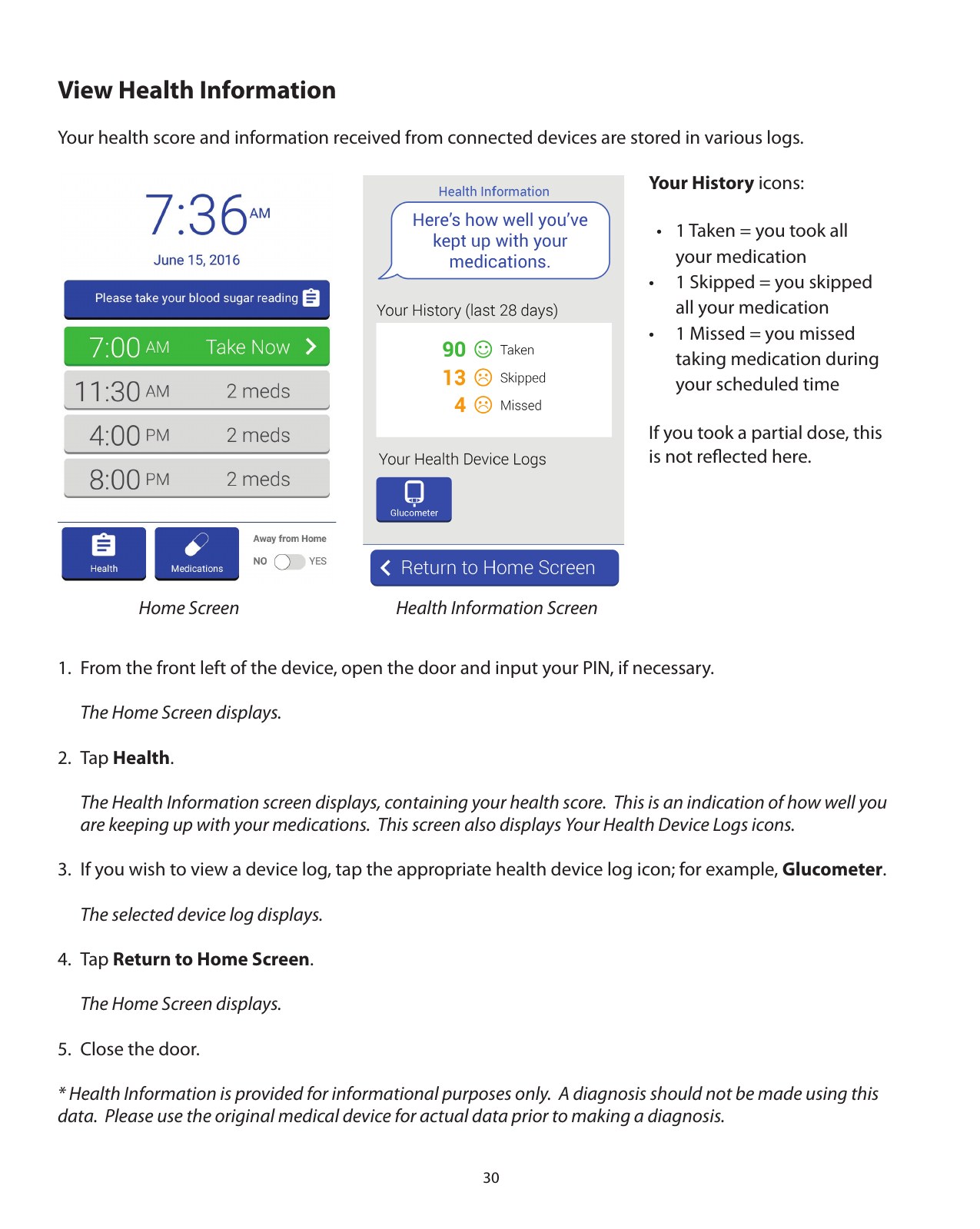 30View Health InformationYour health score and information received from connected devices are stored in various logs. Your History icons:  •  1 Taken = you took all      your medication•   1 Skipped = you skipped     all your medication•   1 Missed = you missed     taking medication during     your scheduled timeIf you took a partial dose, this is not reﬂected here.1.  From the front left of the device, open the door and input your PIN, if necessary.  The Home Screen displays.2. Tap Health.  The Health Information screen displays, containing your health score.  This is an indication of how well you    are keeping up with your medications.  This screen also displays Your Health Device Logs icons. 3.  If you wish to view a device log, tap the appropriate health device log icon; for example, Glucometer.  The selected device log displays. 4. Tap Return to Home Screen.  The Home Screen displays.5.  Close the door.* Health Information is provided for informational purposes only.  A diagnosis should not be made using this data.  Please use the original medical device for actual data prior to making a diagnosis.Home Screen Health Information Screen