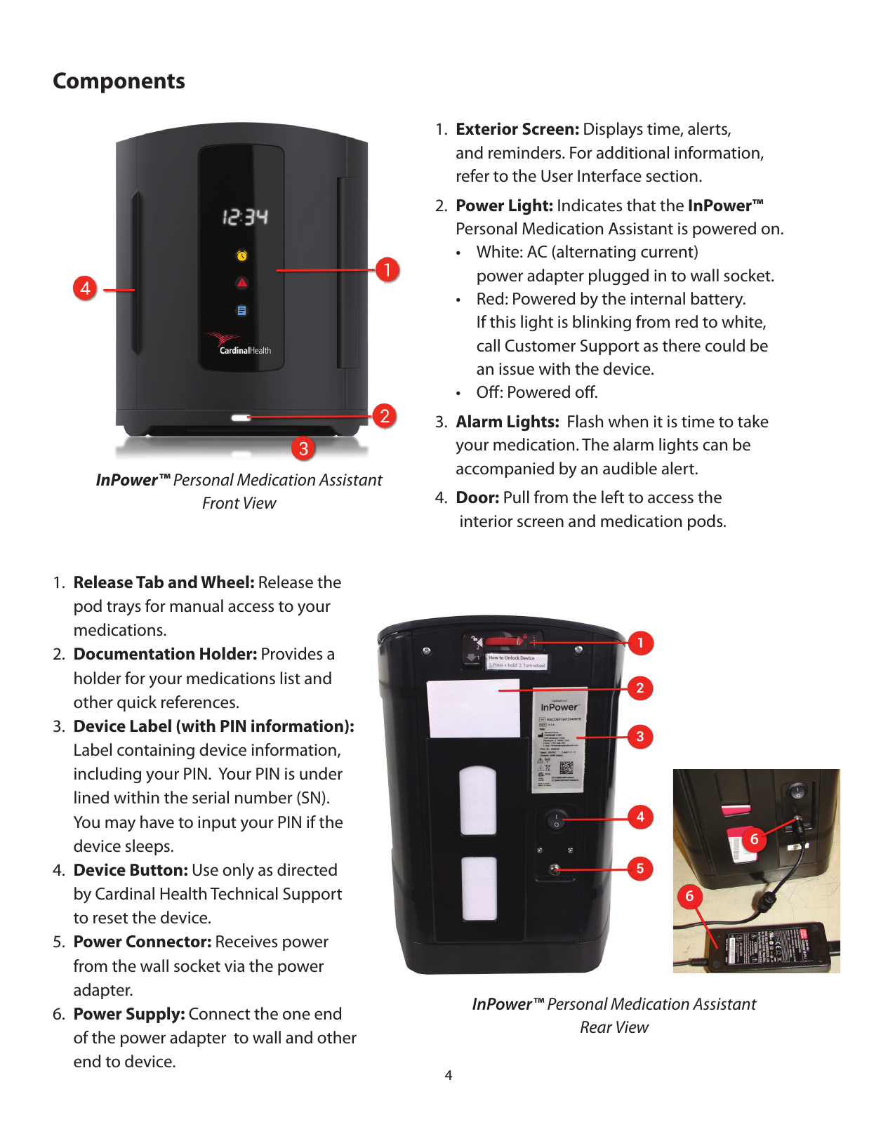 41.  Exterior Screen: Displays time, alerts,    and reminders. For additional information,   refer to the User Interface section.2.  Power Light: Indicates that the InPower™    Personal Medication Assistant is powered on.  •  White: AC (alternating current)      power adapter plugged in to wall socket.  •  Red: Powered by the internal battery.      If this light is blinking from red to white,      call Customer Support as there could be      an issue with the device.  •  Oﬀ: Powered oﬀ.3.  Alarm Lights:  Flash when it is time to take   your medication. The alarm lights can be    accompanied by an audible alert.4.  Door: Pull from the left to access the    interior screen and medication pods.1.  Release Tab and Wheel: Release the    pod trays for manual access to your  medications.2.  Documentation Holder: Provides a   holder for your medications list and    other quick references.3.  Device Label (with PIN information):  Label containing device information,    including your PIN.  Your PIN is under   lined within the serial number (SN).    You may have to input your PIN if the    device sleeps.4.  Device Button: Use only as directed   by Cardinal Health Technical Support    to reset the device.5.  Power Connector: Receives power    from the wall socket via the power  adapter.6.  Power Supply: Connect the one end    of the power adapter  to wall and other    end to device.InPower™ Personal Medication Assistant Rear ViewInPower™ Personal Medication Assistant Front ViewComponents66