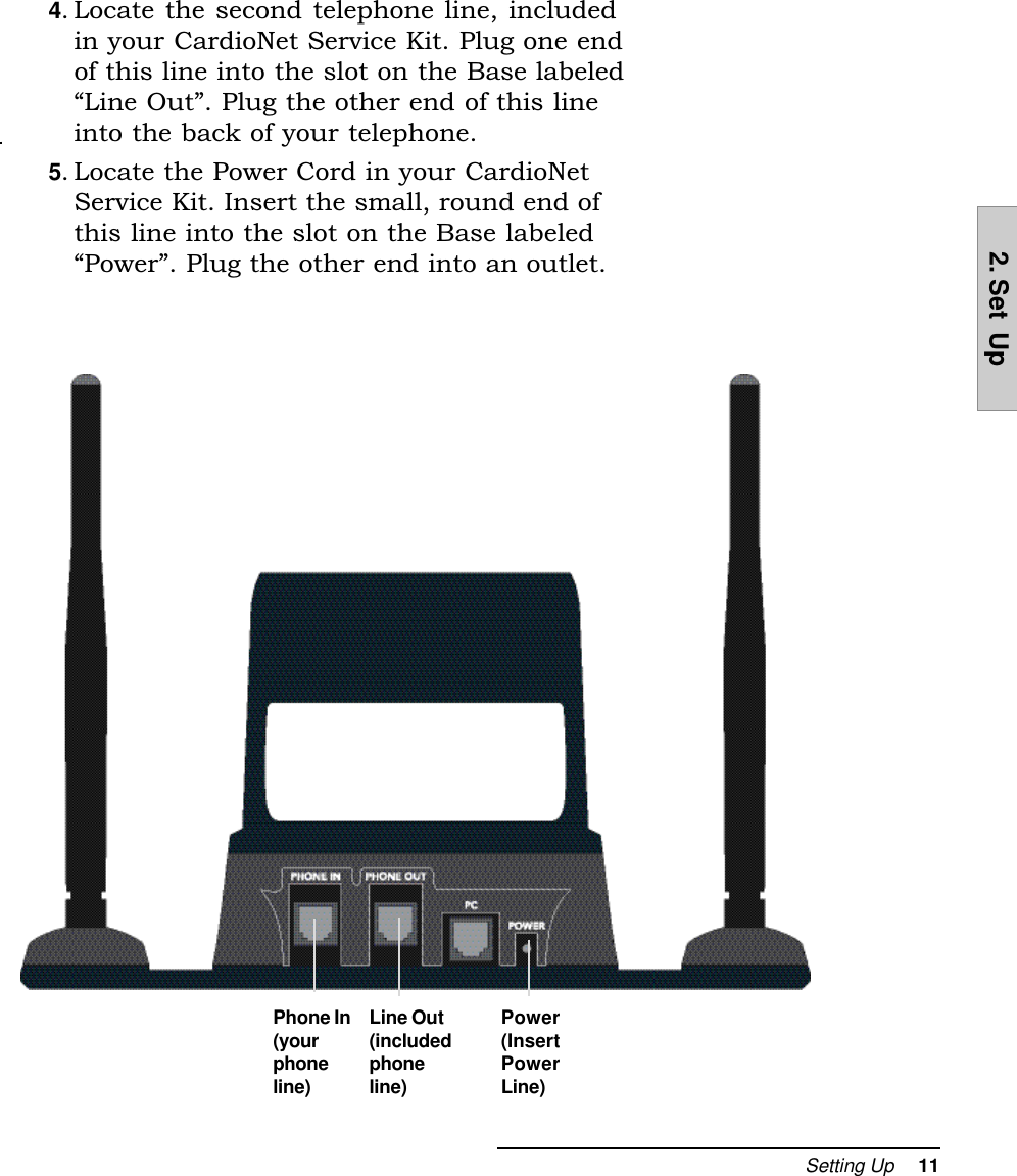 Setting Up     112. Set  Up4. Locate the second telephone line, includedin your CardioNet Service Kit. Plug one endof this line into the slot on the Base labeledLine Out. Plug the other end of this lineinto the back of your telephone.5. Locate the Power Cord in your CardioNetService Kit. Insert the small, round end ofthis line into the slot on the Base labeledPower. Plug the other end into an outlet.Phone In(yourphoneline)Line Out(includedphoneline)Power(InsertPowerLine)