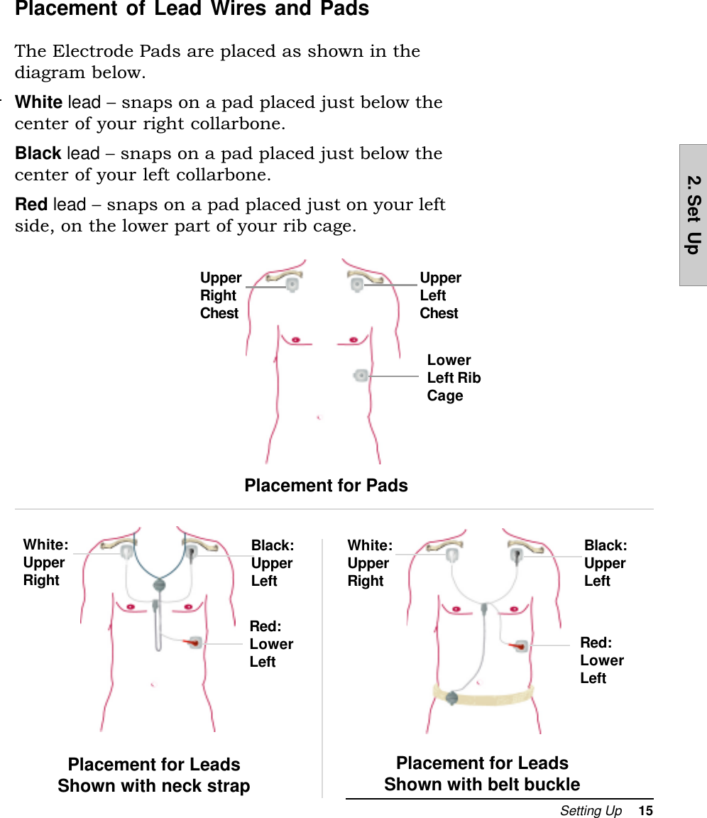 Setting Up     152. Set  UpPlacement of Lead Wires and PadsThe Electrode Pads are placed as shown in thediagram below.White lead  snaps on a pad placed just below thecenter of your right collarbone.Black lead  snaps on a pad placed just below thecenter of your left collarbone.Red lead  snaps on a pad placed just on your leftside, on the lower part of your rib cage.Placement for LeadsShown with neck strapPlacement for PadsUpperRightChestUpperLeftChestLowerLeft RibCagePlacement for LeadsShown with belt buckleWhite:UpperRightBlack:UpperLeftRed:LowerLeftBlack:UpperLeftRed:LowerLeftWhite:UpperRight
